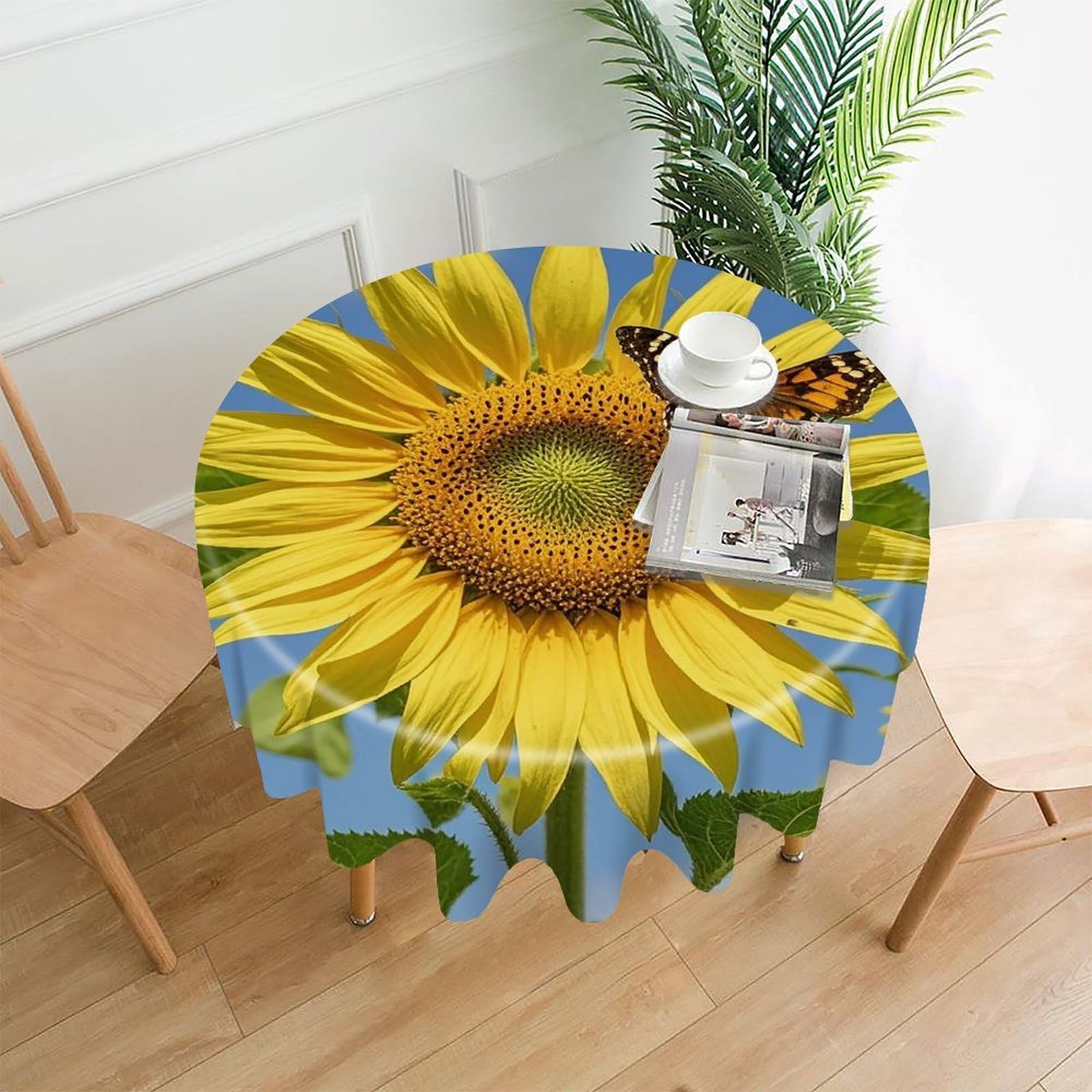 LZQPOEAS Sunflower and Butterfly Tablecloth Decorative Round Table Cloth Wrinkle Resistant Round Tablecloth Washable Circle Table Cover for Kitchen Dining Party Wedding Camping 60 Inch
