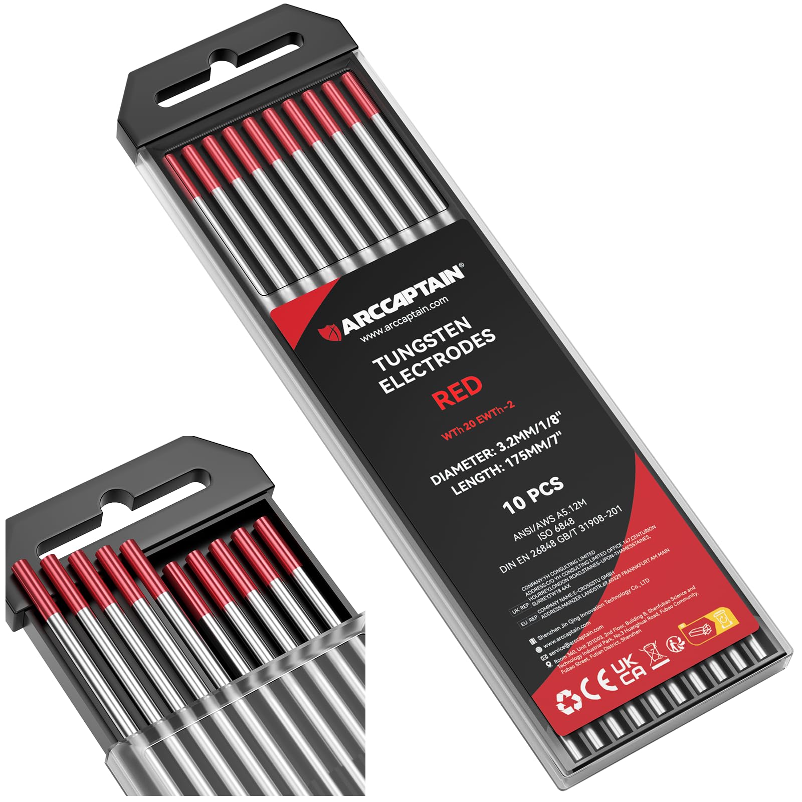 ARCCAPTAIN TIG Welding Tungsten Electrode 10-Pack 1/8"x 7"(Red, WT20/EWth-2)