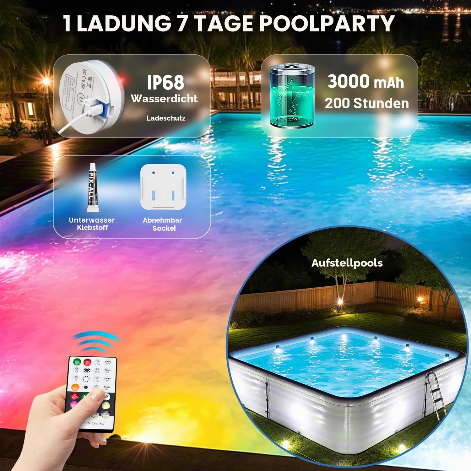 idyl light Poolbeleuchtung Unterwasser, Wiederaufladbar Unterwasser Licht Led mit Fernbedienung, Wasserdicht Pool lichter,Teichbeleuchtung für Pool Badewanne, Aquarium, Brunne, Party Deko, 2 Stück