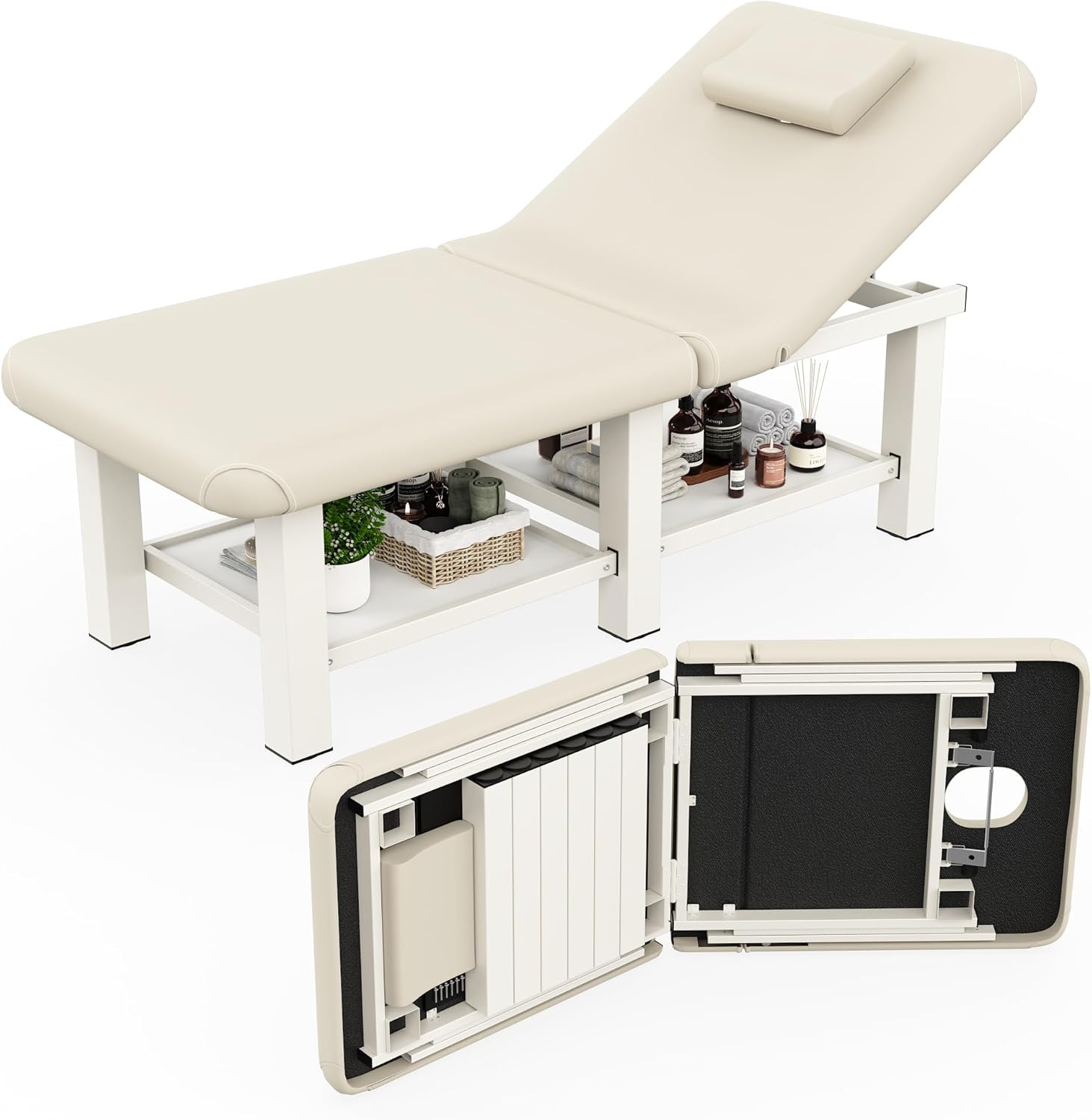 Folding Stationary Massage Table with Backrest and Storage Space, 6 Square Legs Metal Frame PU Leather, 30.5'' Wide × 75'' Long for Treatment Table Physical Therapy Table Spa Facial Bed, Beige Gray