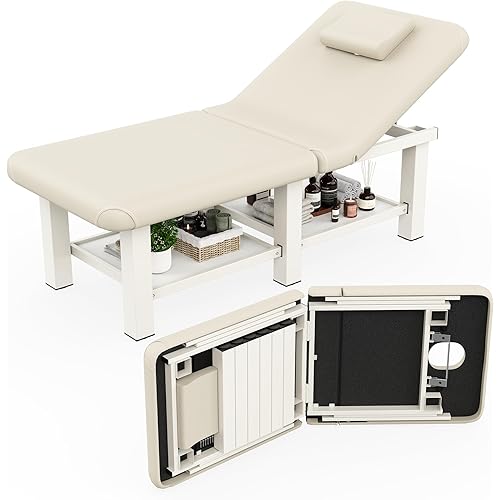 Folding Stationary Massage Table with Backrest and Storage Space, 6 Square Legs Metal Frame PU Leather, 30.5'' Wide × 75'' Long for Treatment Table Physical Therapy Table Spa Facial Bed, Beige Gray