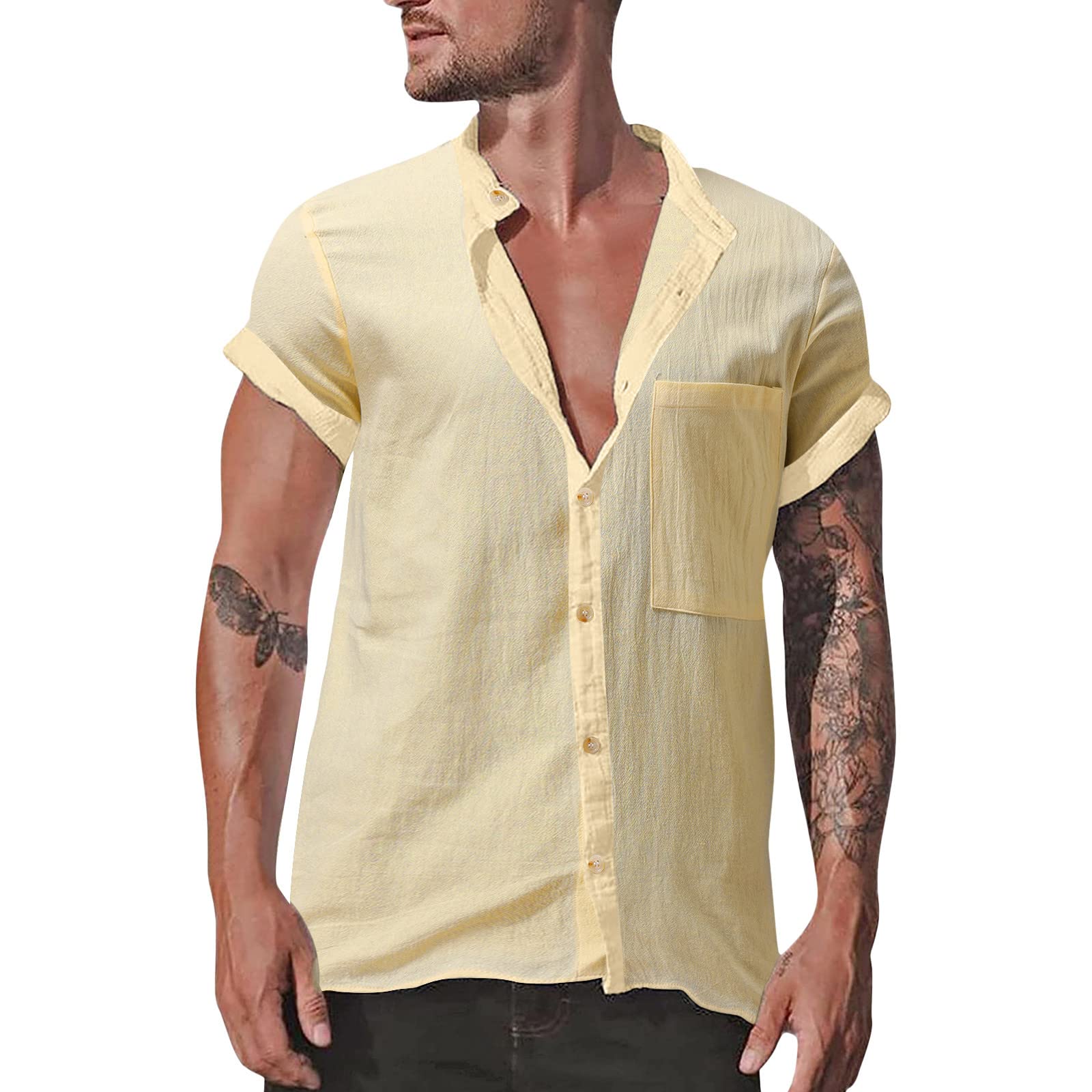 Cenlang Camisa casual de lino con botones para hombre, manga corta, ajuste regular, camisa de campamento cubano, playa, cuello de banda, camisas de verano, beige, M