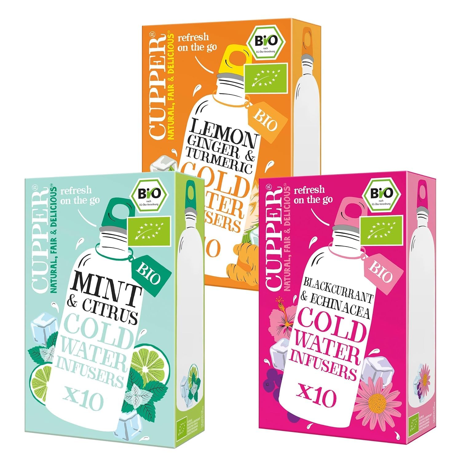 Cupper Bio Cold Water Infuser Box, 3 Sorten, Minze, Zitrone-Ingwer & Johannisbeere, Wasser mit Geschmack, Cold Brew, Kalter Tee, 30 ungebleichte plastikfreie Teebeutel, fair gehandelt