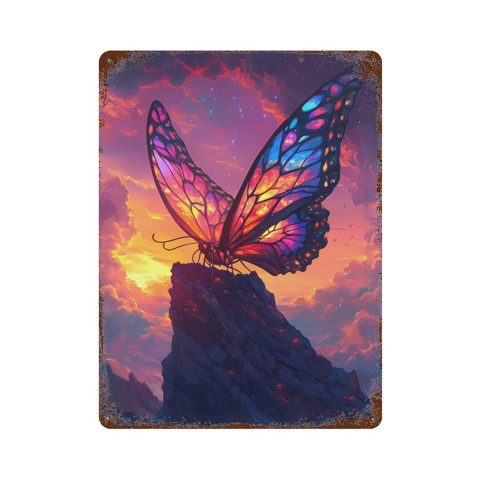 Colorful Butterfly on A Mountain Peak 15.7"x11.8" Weathered Tin Sign, Shabby Chic Decor for Farmhouse, Kitchen And Entryway Decor
