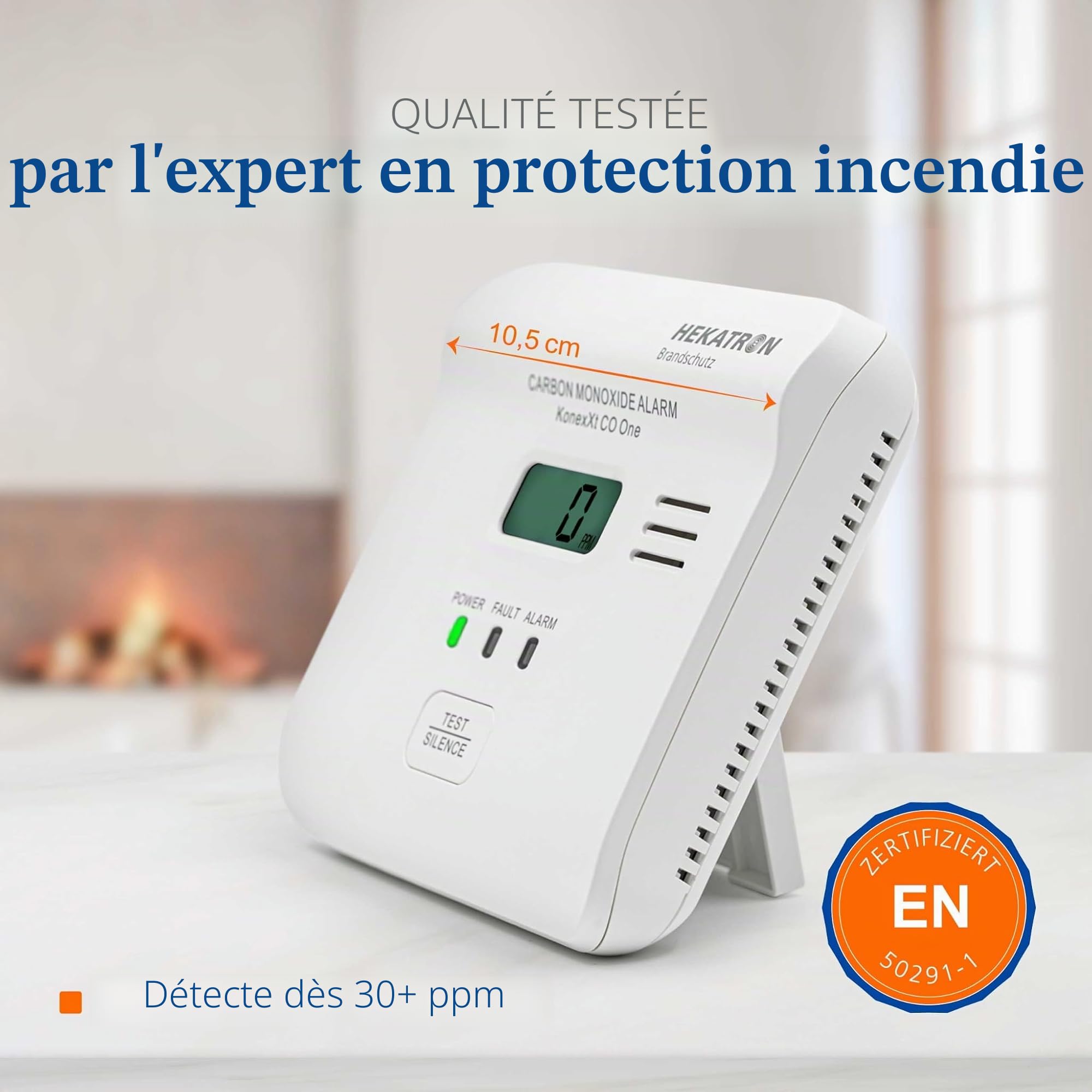 Hekatron KonexXt CO One - Détecteur de monoxyde de Carbone - Batterie 10 Ans - Détecteur de CO avec écran Clair et Bouton d'alarme de Test - Installation Facile