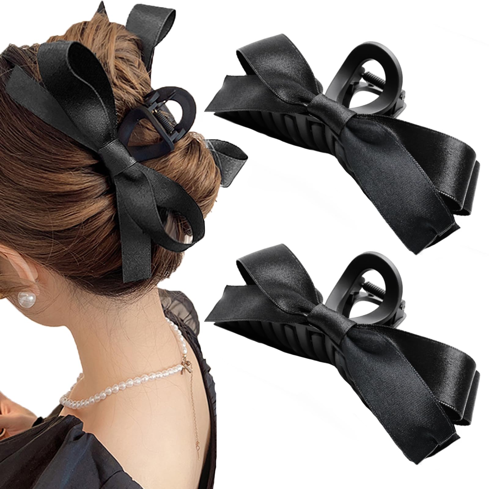 Sizobi Bow Claw Clip, 2Pcs Black Hair Bow Clips for Women, Silky Satin Hair Bow Clips, Large Claw Clips with Bow for Thick Thin Curly Hair, Hair Bows for Women(Matte)