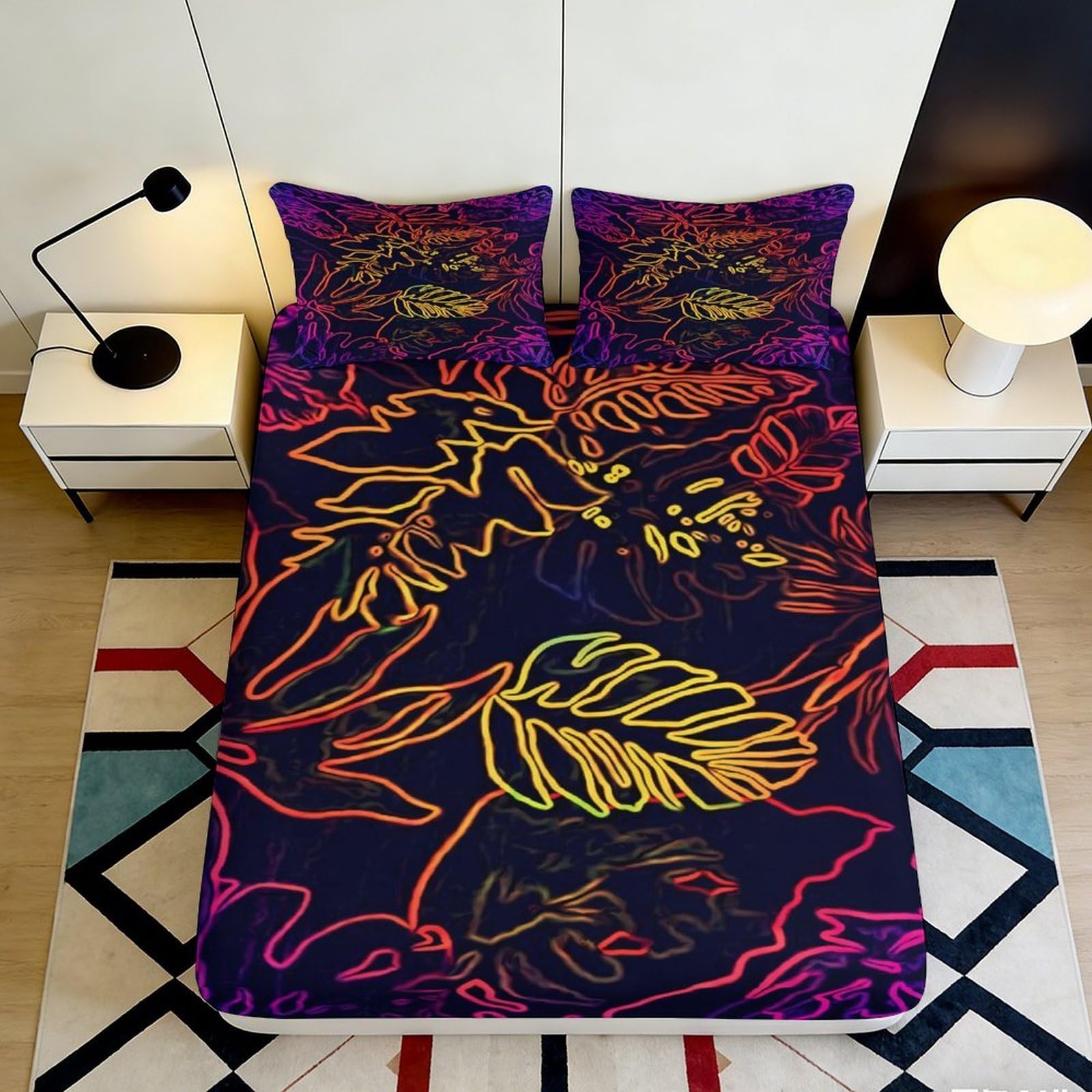 3D Printed vibrant leaf pattern Fitted Sheet, Microfiber soft touch, wrinkle resistant, apartment bedding, guest room decor, anti-slip design, easy care, dustproof, stylish accent 90x200x25cm