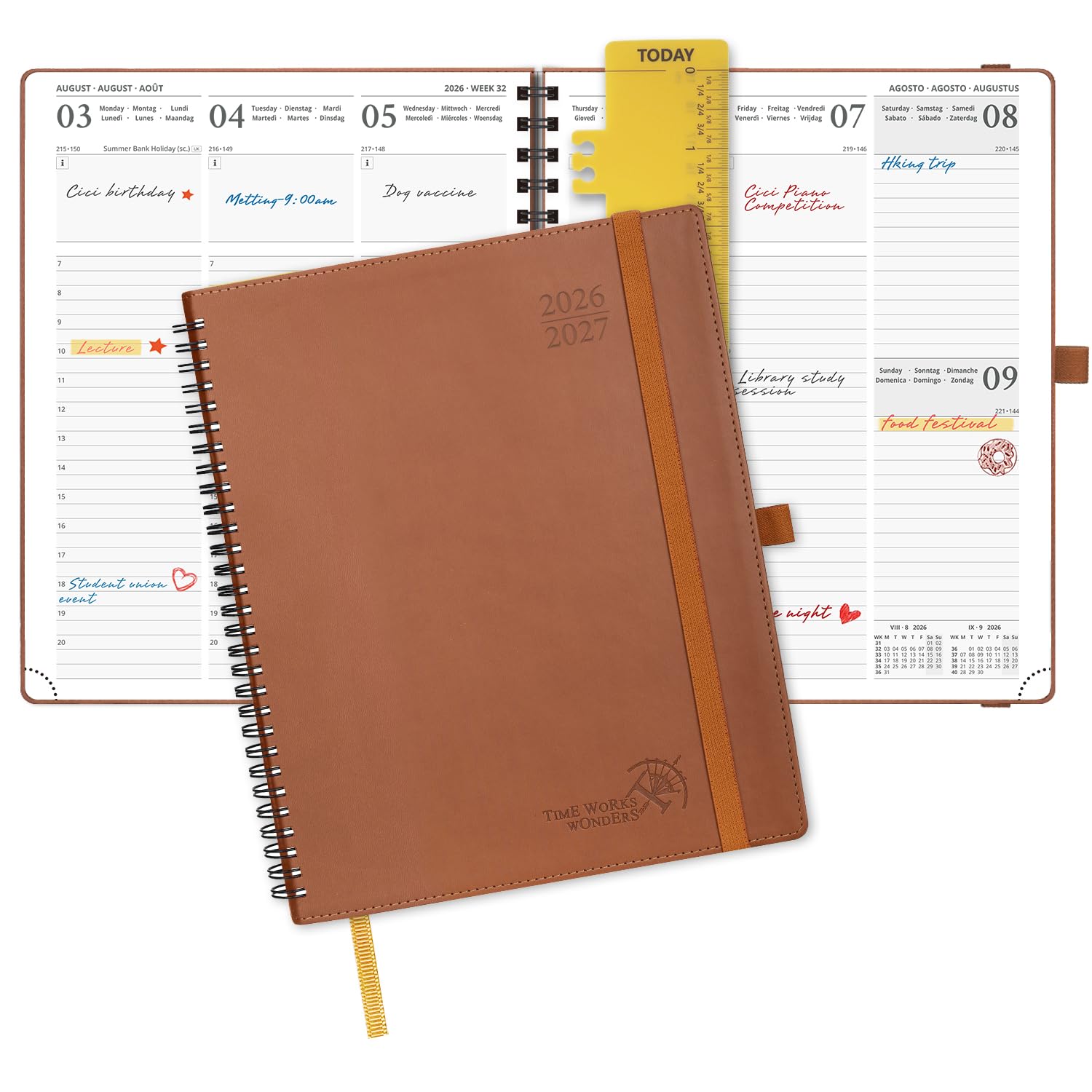 POPRUN Academic Diary 2026-2027 Week to View Large (26.5x21.5 cm) Soft Cover Spiral 17 Months (Aug'26 - Dec'27) Mid Year 26/27 Vertical Weekly Planner(Brown)