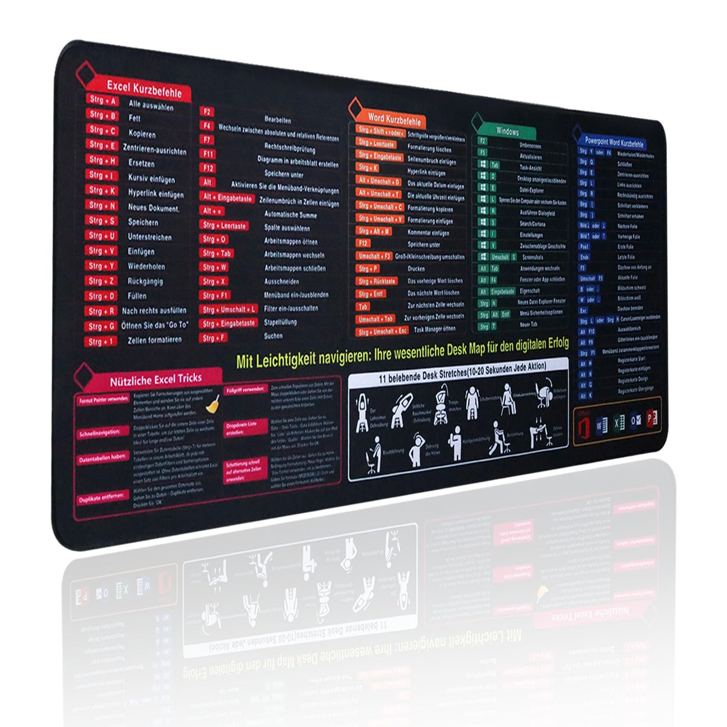 Mousepad Excel Shortcuts Deutsch 800x300x 2mm mit Excel Tastaturkürzeln | Für Office, Word PPT Windows, HD-Druck, Rutschfeste Basis, Glatte Gewebeoberfläche, Wasserdicht, leicht zu reinigen