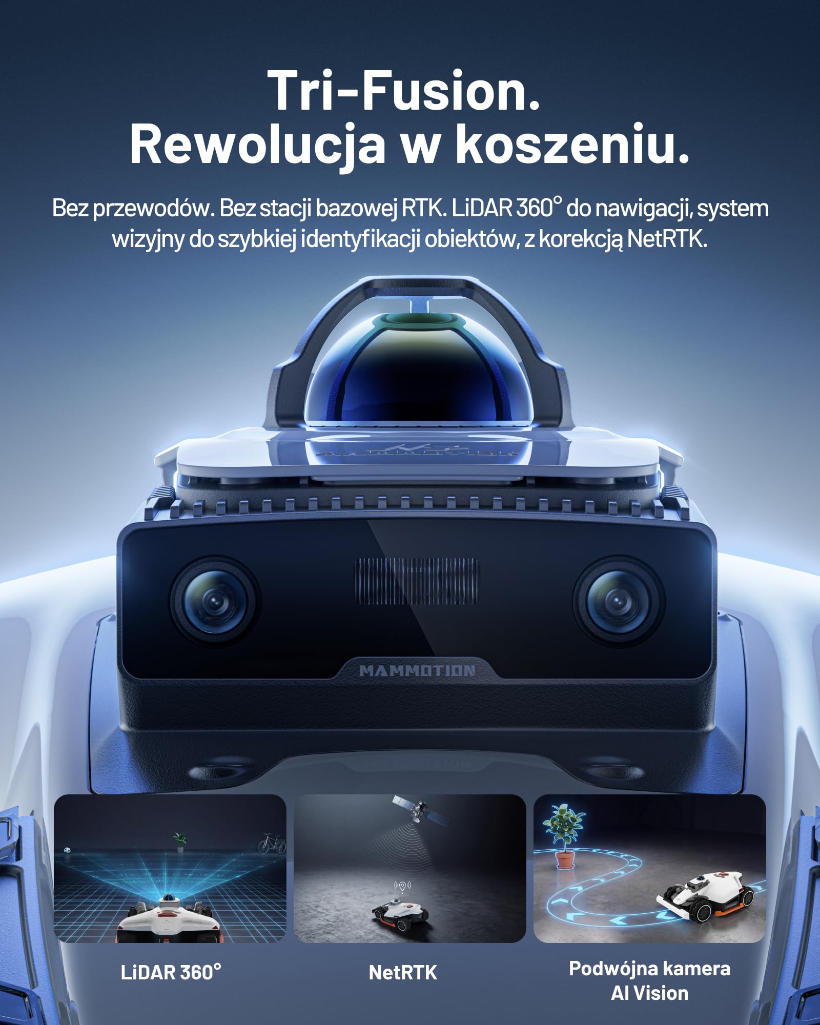 Mammotion LUBA 3 AWD 1500 robot koszący bez przewodu, Zalec. 1500 m² | 360° LiDAR + Podwójna kamera z KI, AWD do 80% nachylenia, 15 stref, Wysokość cięcia 25-70 mm, Bateria 9,4Ah