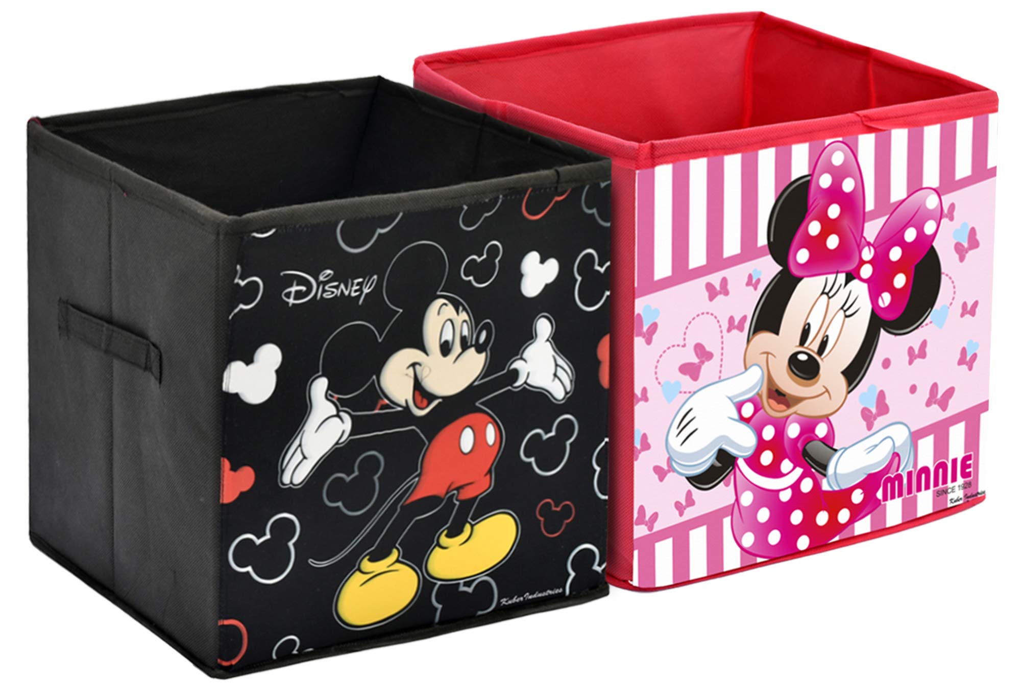 Kuber Industries Disney Print Pudełko do przechowywania kostek z włókniny z uchwytem na zabawki, książki, buty (czarny i różowy, duży rozmiar, 2 sztuki)