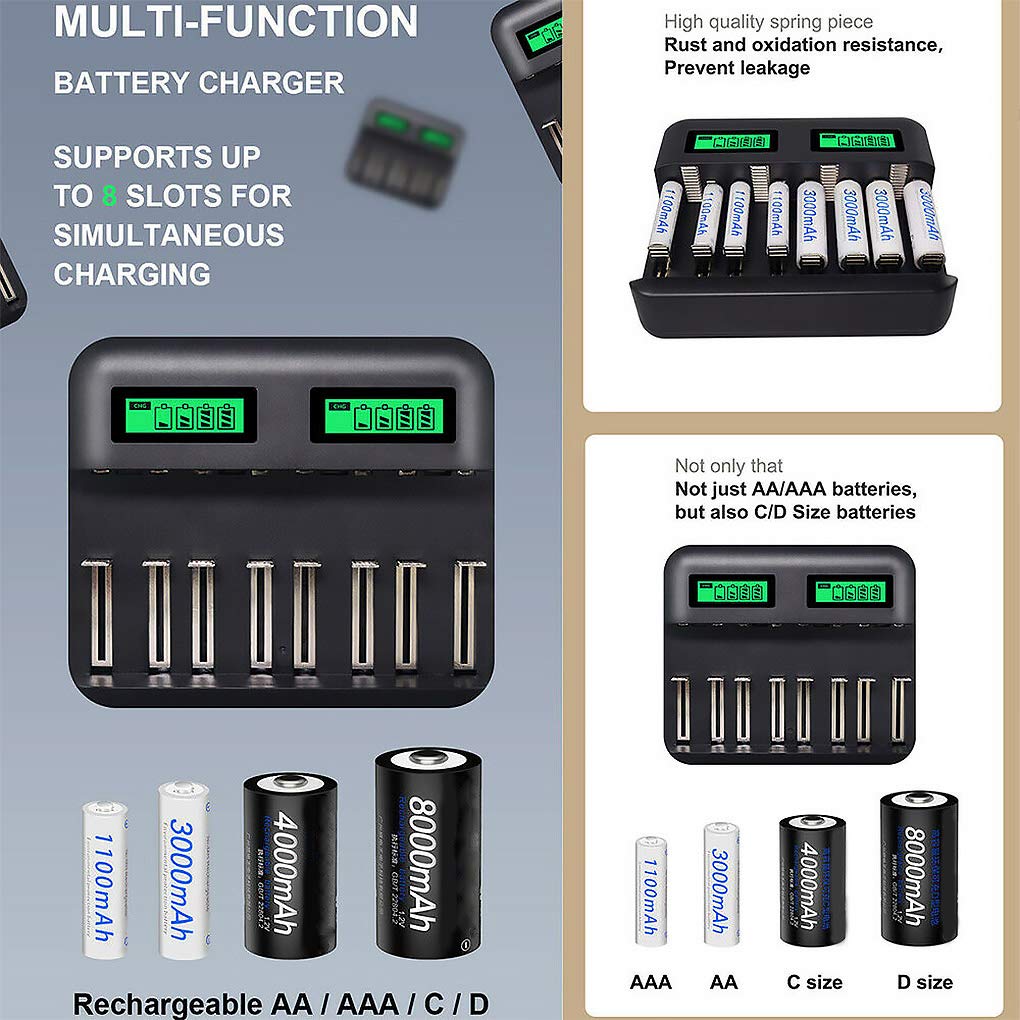 Leeadwaey Chargeur de batterie 8 emplacements alimenté par USB AA/AAA/C/D avec écran LCD Noir