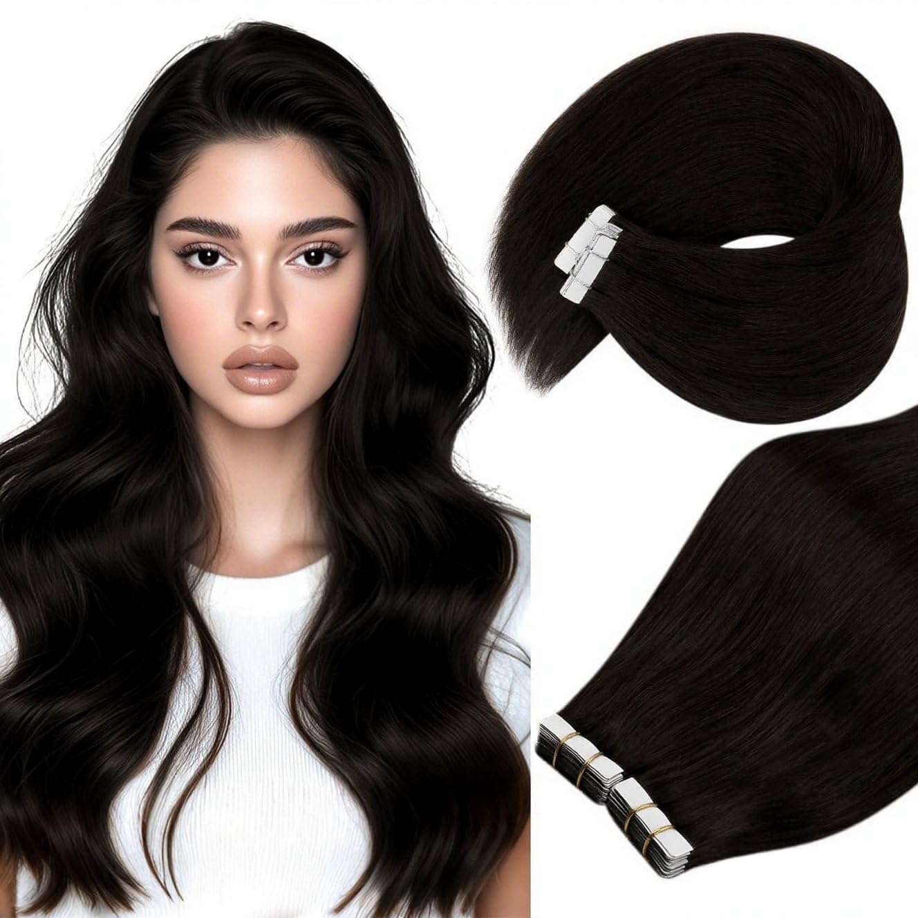 Ve Sunny Tape in Hair Extensions Real Human Hair Invisible Remy Human Hair Straight Tape Ins Double Sided Darkest Brown 16 inch 20Pcs 50G