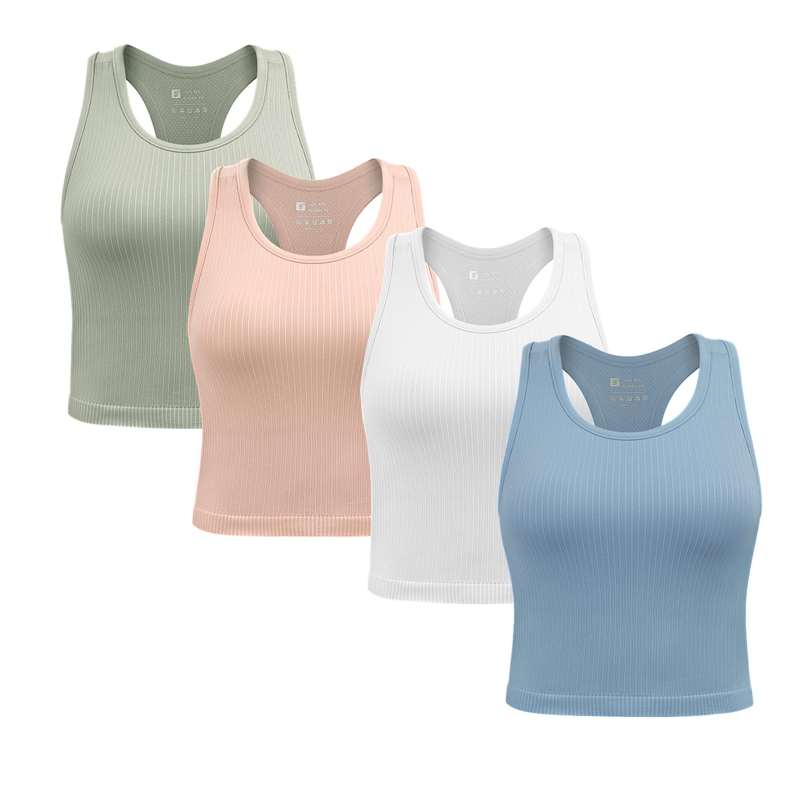 SPORME RUNNING 2/3/4er Damen Sport Tops mit integriertem BH Rippiertes Racerback Tank Top Nahtloser Atmungsaktiver Crop Top Camisole für Fitness, Yoga, Gym & Alltag
