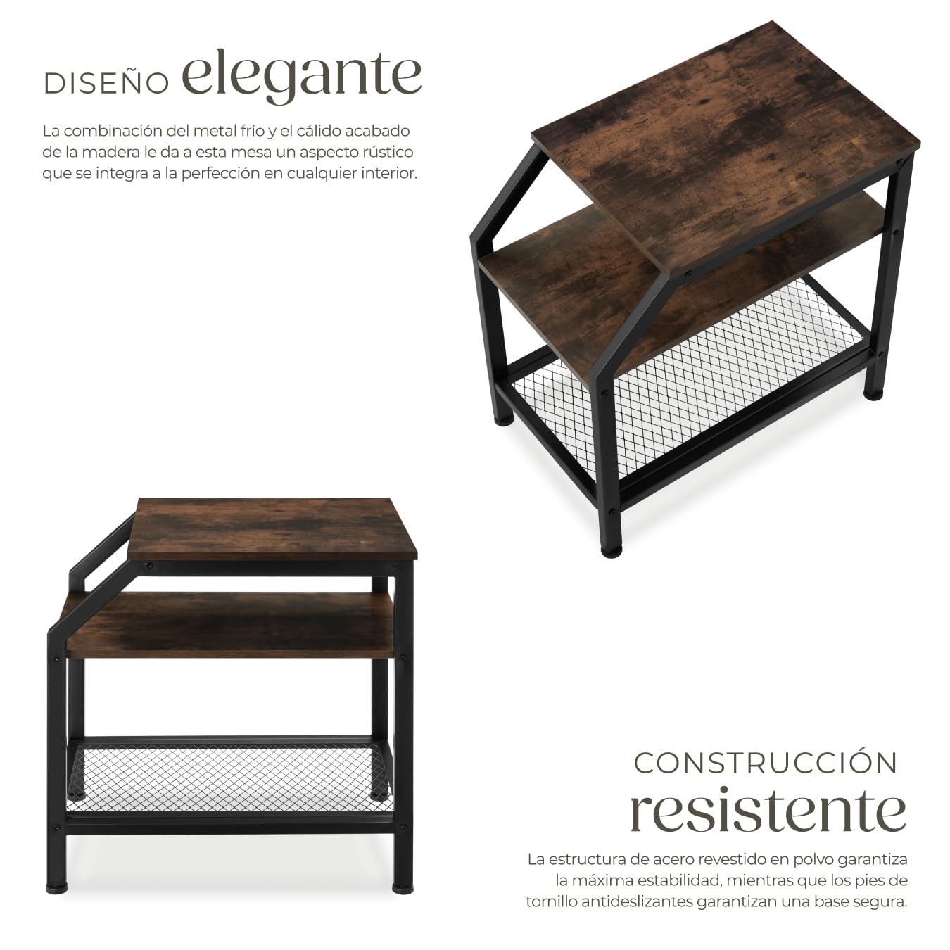 tectake® Mesa Auxiliar Madera y Acero, 2 Estantes, Mueble Auxiliar Salon, Dormitorio y Oficina, Decoracion Hogar, Mesitas de Noche - 58,5 x 36,5 x 59,5 cm Madera Industrial Oscura, Rústica