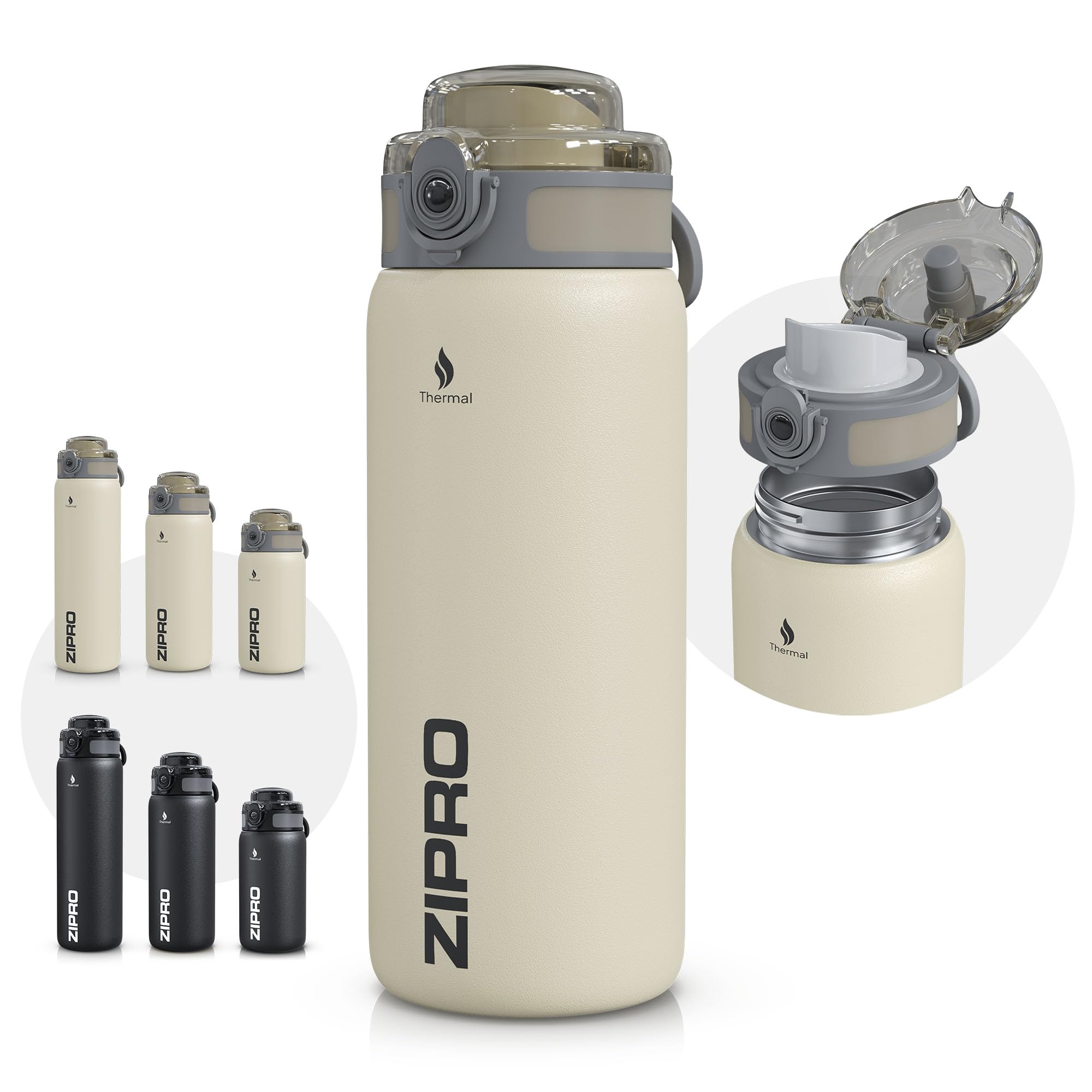 ZIPRO Tazza Termica Acciaio Inox 700ml Grande Borraccia Isolata con Maniglia Mantiene 12h Caldo 24h Freddo Ermetica Mug da Viaggio Outdoor per Campeggio e Sport - Beige