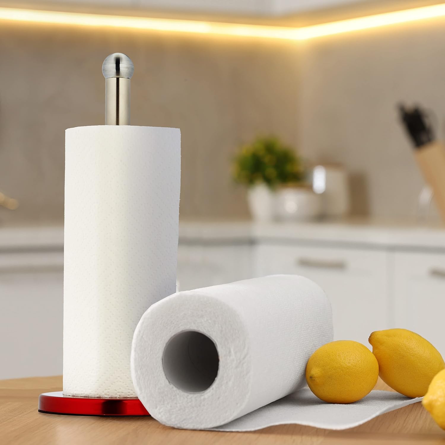 Relaxdays Kitchen Roll Holder, Stable, Stainless Steel, Paper Towel Counter Stand, HxØ: 35 x 15 cm, Silver/Red