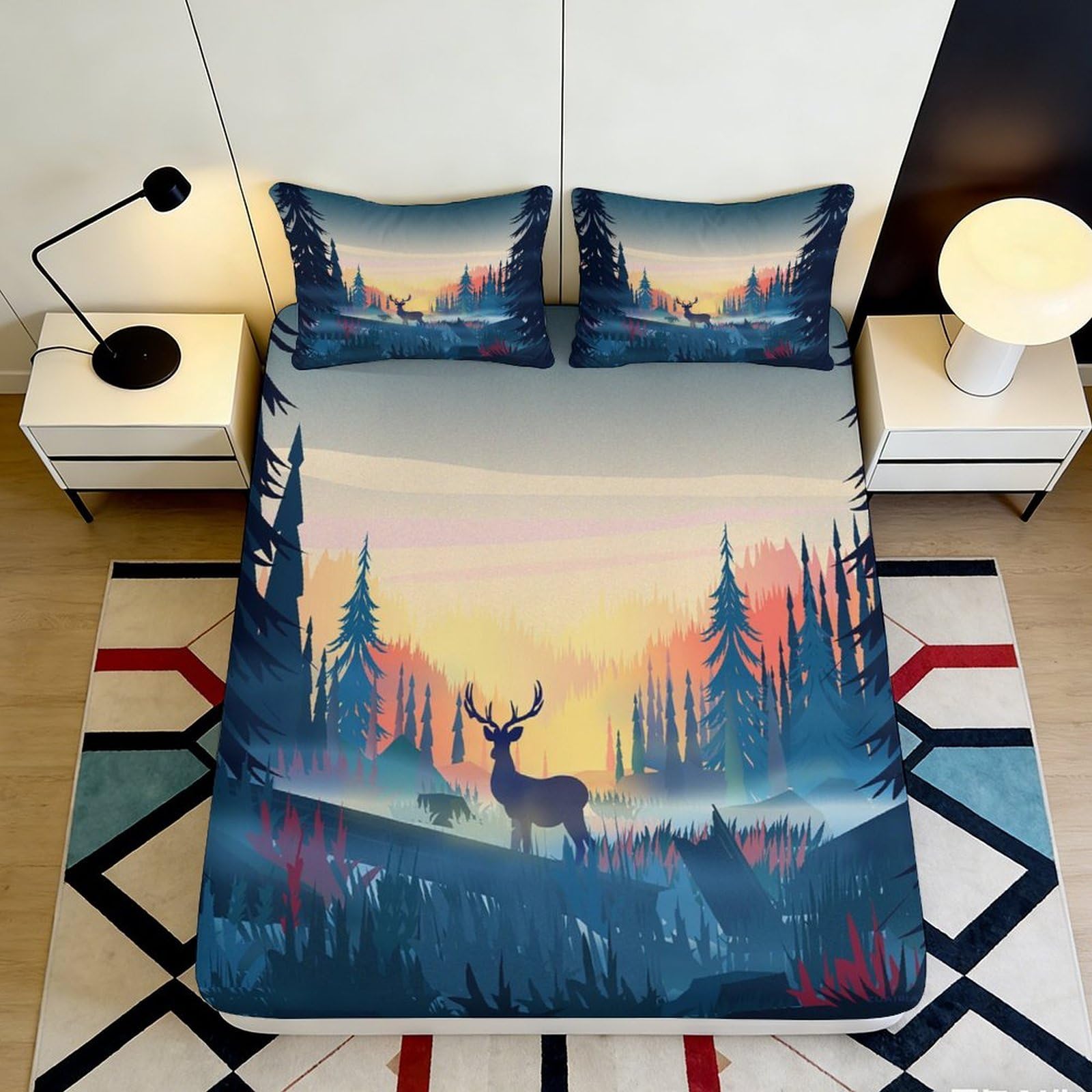 3D Printed Forest Deer Fitted Sheet Microfiber Soft Durable Woodland Sunset Bed Cover for Bedroom Dormitory Guest Room Mattress Protection 180x200x25cm