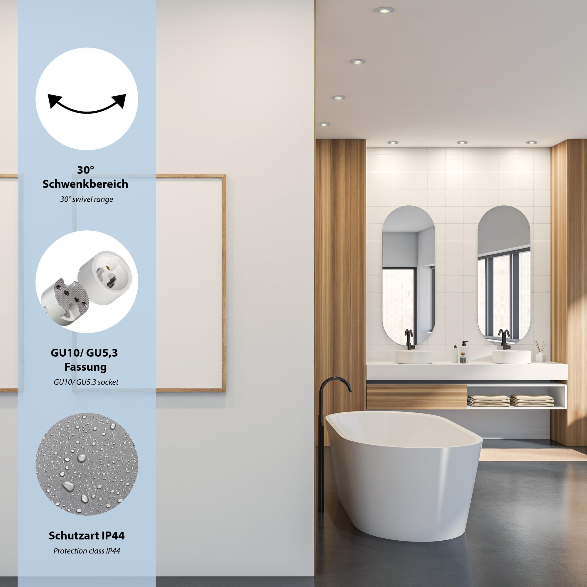 ledscom.de 12 unid. marco de montaje en techo para baño ERID, antihumedad, baño, IP44, redondo, giratorio, aluminio mate