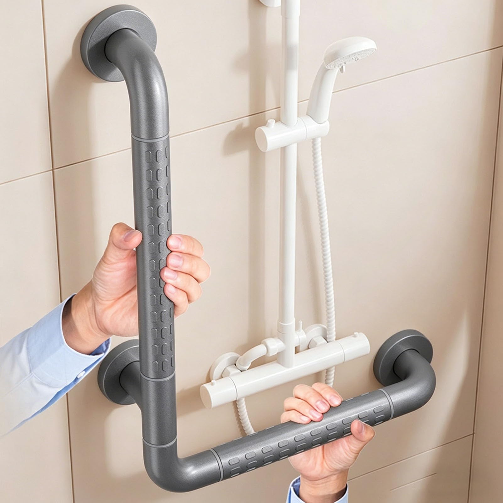 Grab Bar for Shower, L-Shaped Safety 15.74in 17.71in 23.62in Balance Assist Handrail, Wall Mounted Adjustable Toilet Handle with Luminous Circle(50x70cm/19.68x27.55in)