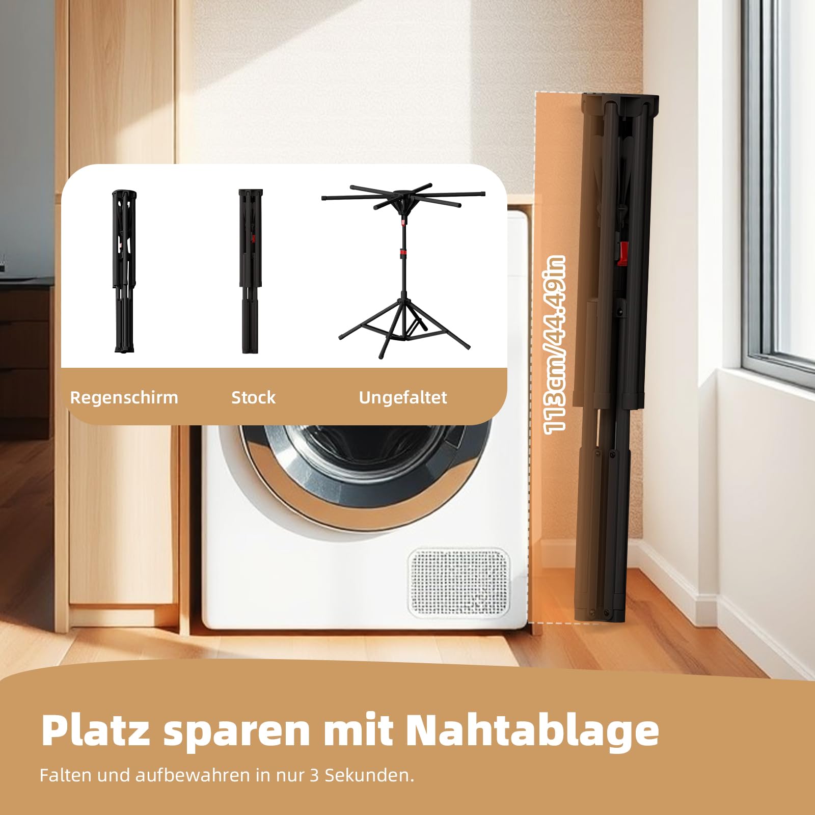 Wäscheständer Klappbar, Höhenverstellbar Wäschetrockner Ständer, Platzsparend Standtrockner Kleiderständer Bügel mit 6 Flügeln, Faltbar Waschesteständer für Camping Balkon Drinnen Draußen (Schwarz)