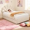 Single Upholstered Beige Bed with 2 Storage Drawers, Metal and Wooden Bed Frame with Slats, Adjustable Chic Petal Headboard, No Mattress, Soft Velvet, 90 x 190cm