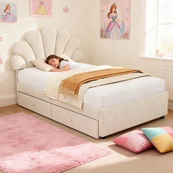 Single Upholstered Beige Bed with 2 Storage Drawers, Metal and Wooden Bed Frame with Slats, Adjustable Chic Petal Headboard, No Mattress, Soft Velvet, 90 x 190cm