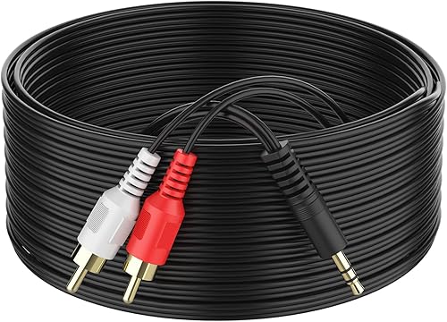 Cable RCA macho de 0.138 in a 2 de 25 pies, adaptador de audio estéreo trenzado de sonido de alta fidelidad auxiliar RCA y divisor en Y, cable