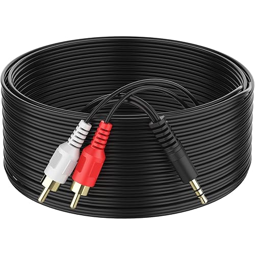 3.5mm to 2 Male RCA Cable 25FT, Stereo Audio Adapter Braided Hi-Fi Sound Auxiliary RCA Y Splitter, Metal Shell Shielded Aux RCA Y Cord Compatible with Smartphone MP3 Tablet Speaker, 25FT