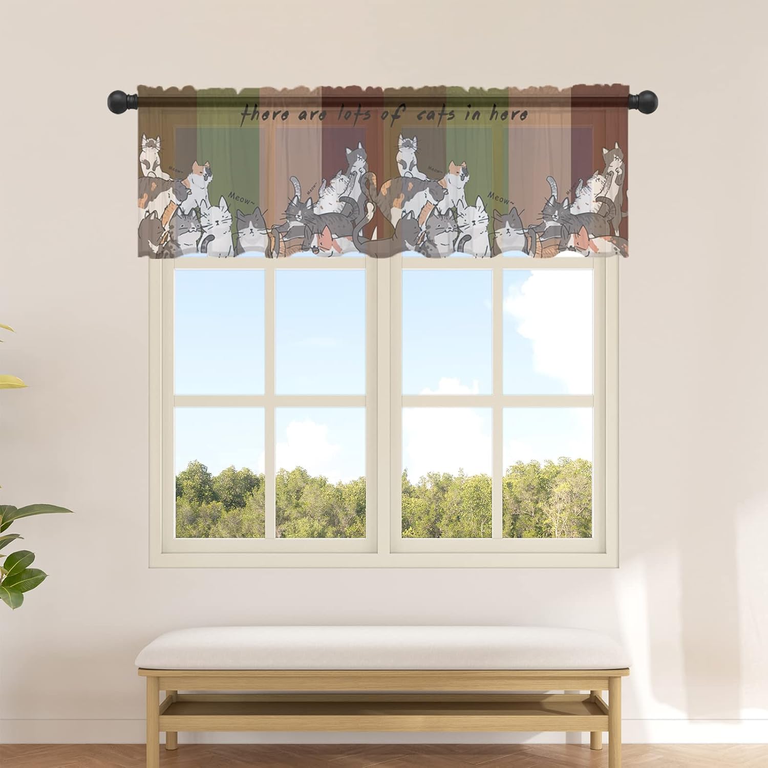 Ftopucans Retro Cats Curtain Valances for Windows, Vintage Multi Geometry Stripes