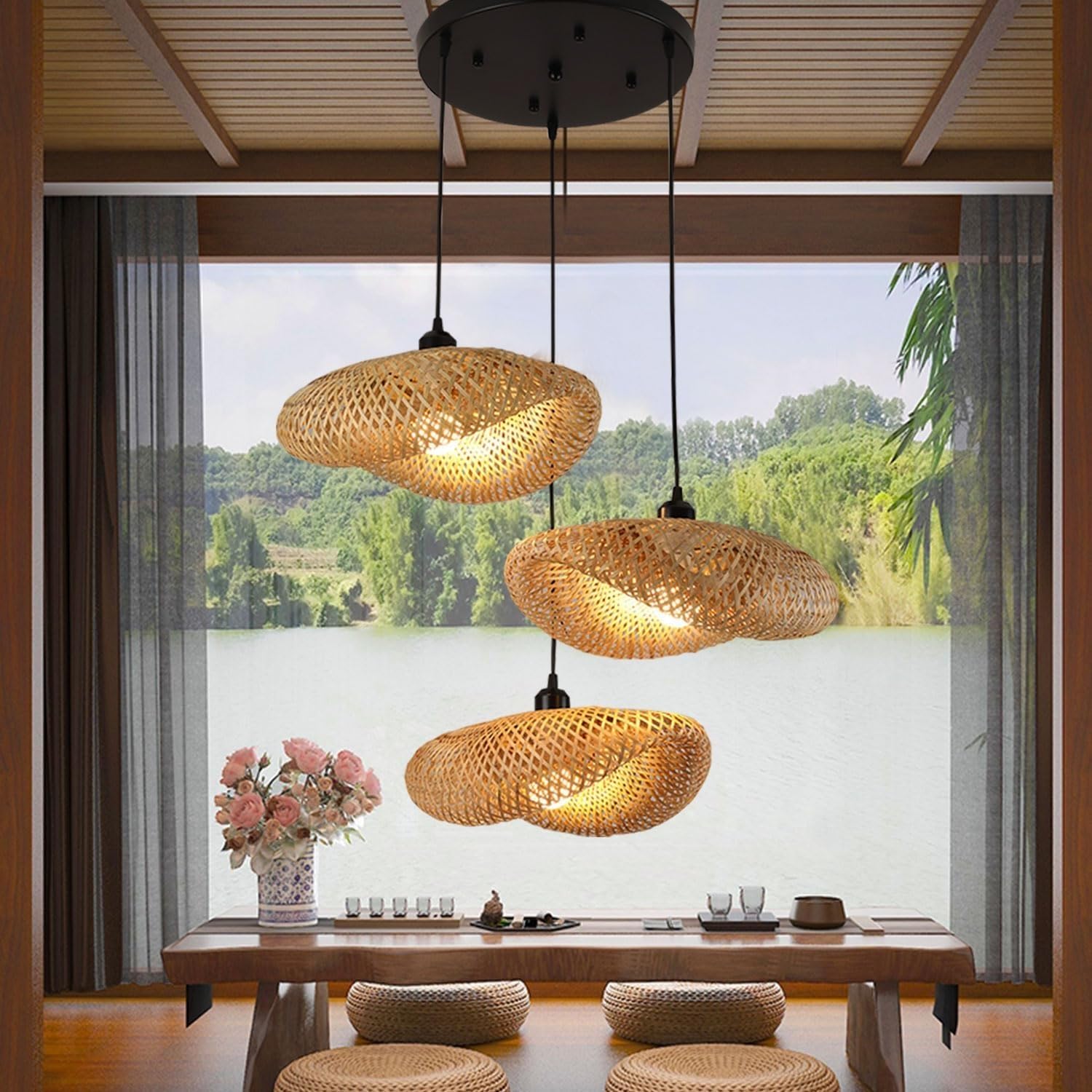 Lampe Suspension Rétro En Bambou Rotin Lustre Tissé À La Main E27 Réglable En Hauteur Pendentif