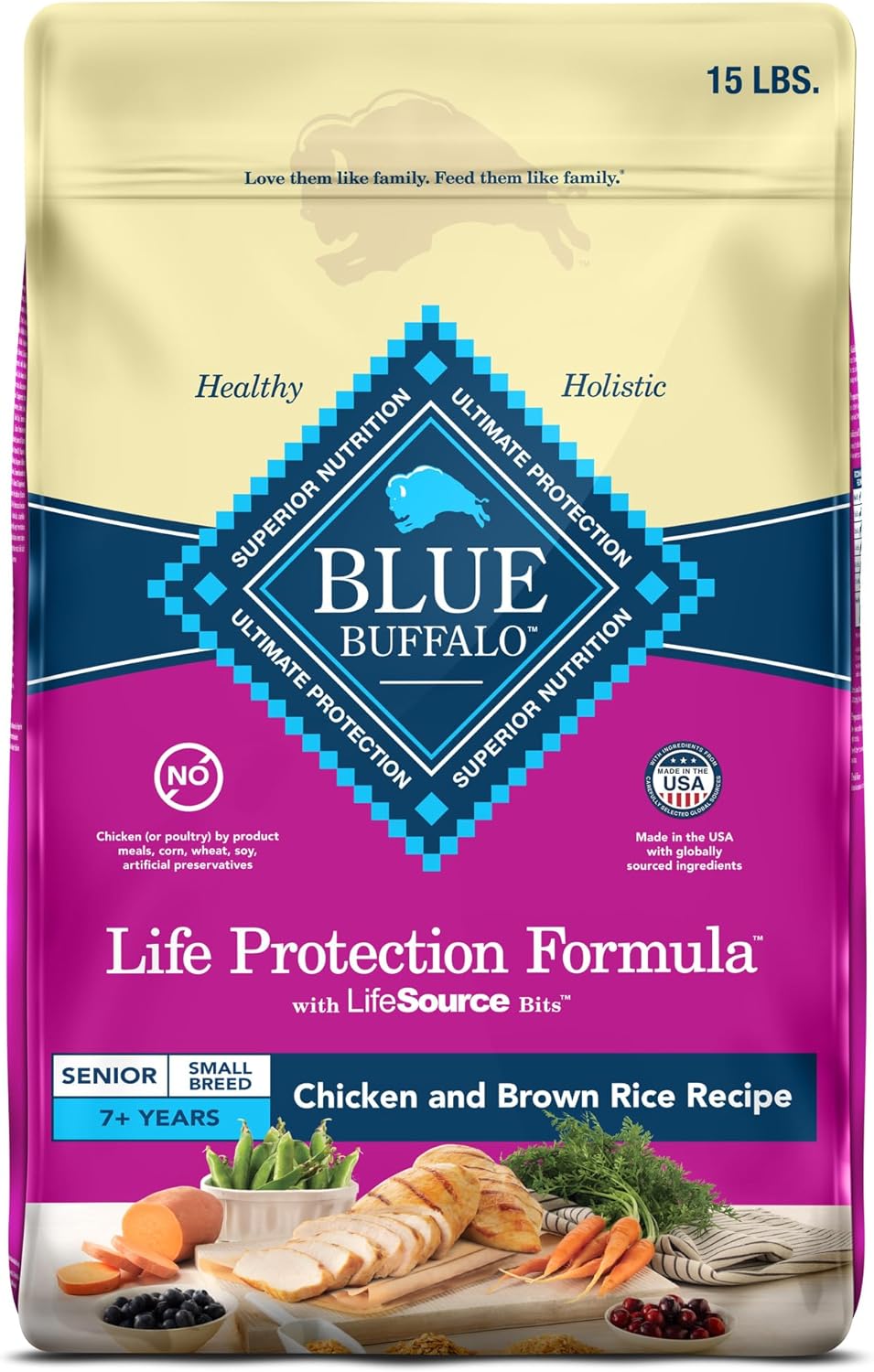 Blue Buffalo Life Protection Formula Small Breed Senior Dry Dog Food, Supports Joint Health and Immunity, Made with Natural Ingredients, Chicken & Brown Rice Recipe, 15-lb. Bag Chicken & Brown Rice 15 Pound (Pack of 1)