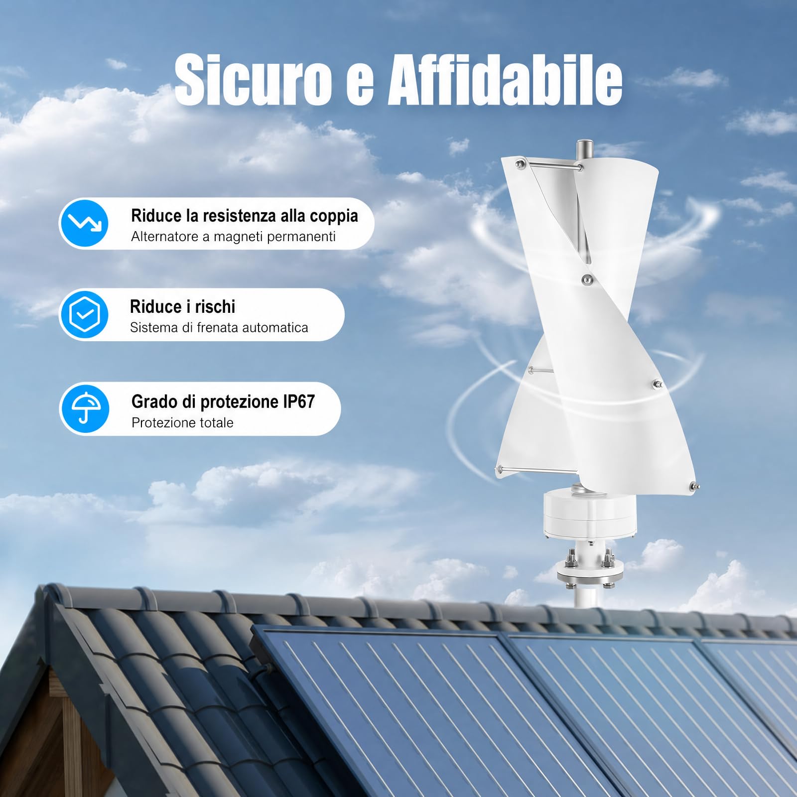 Generatore eolico verticale, 40 x 71 cm, generatore eolico, per casa, bianco, alluminio e ferro, pronto per il collegamento, per camper, barca, giardino