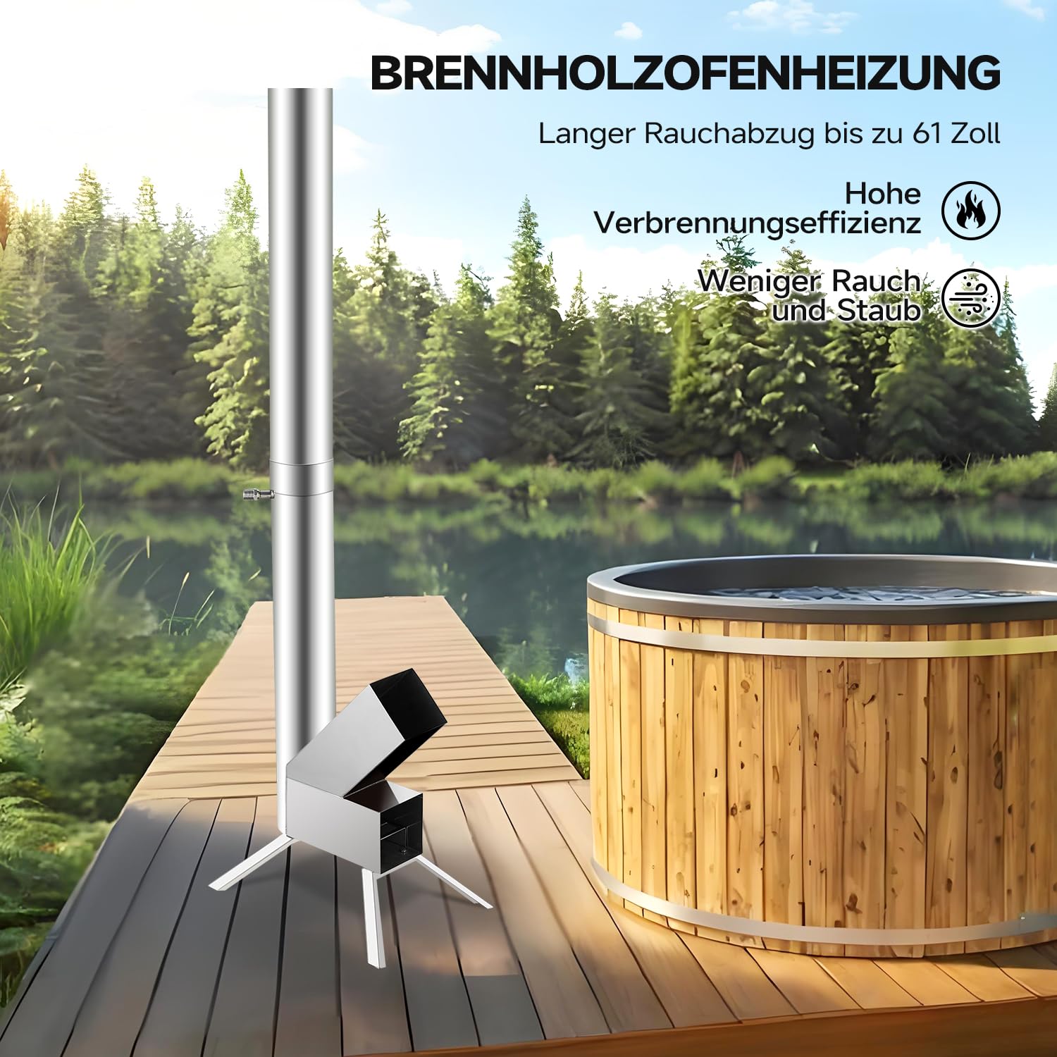 ECOPOOLTECH Poolheizung Holz, Wärmepumpe Pool mit Brennholz aus Titan Outdoor Warmwasser Wärmepumpe für Kleiner Pool, Badewanne, Whirlpool Poolheizung Holzofen