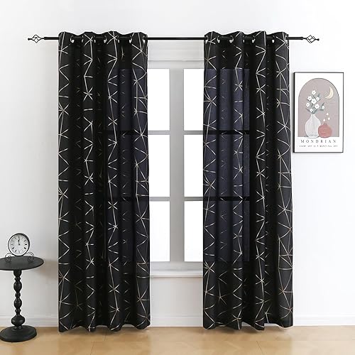 Taisier Home Paneles de cortina de lino dorado con ojales, azulejos metálicos marroquíes, cortinas negras para dormitorio, sala de estar,