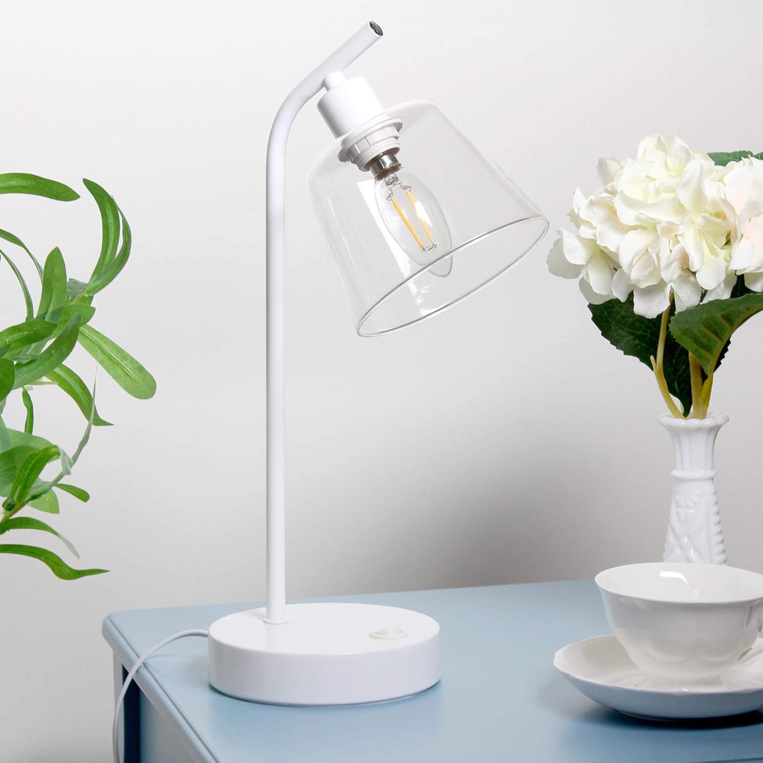 Simple Designs LD1074-WHT 15.75" Sleek Essentials Modern Industrial Metal Desk Lamp with Clear Glass Shade and Dual USB Ports, for Office, Desk, Nightstand, Dorm, White