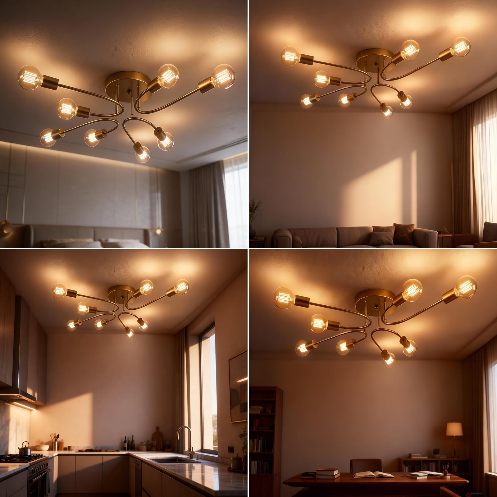 Lampadario Sputnik Oro,8 Luci Plafoniera Soffitto E27 in Metallo | Plafoniera Soffitto Placcatura Superficiale,Lampada da Soffitto per Soggiorno Camera da Letto Cucina Senza Lampadina