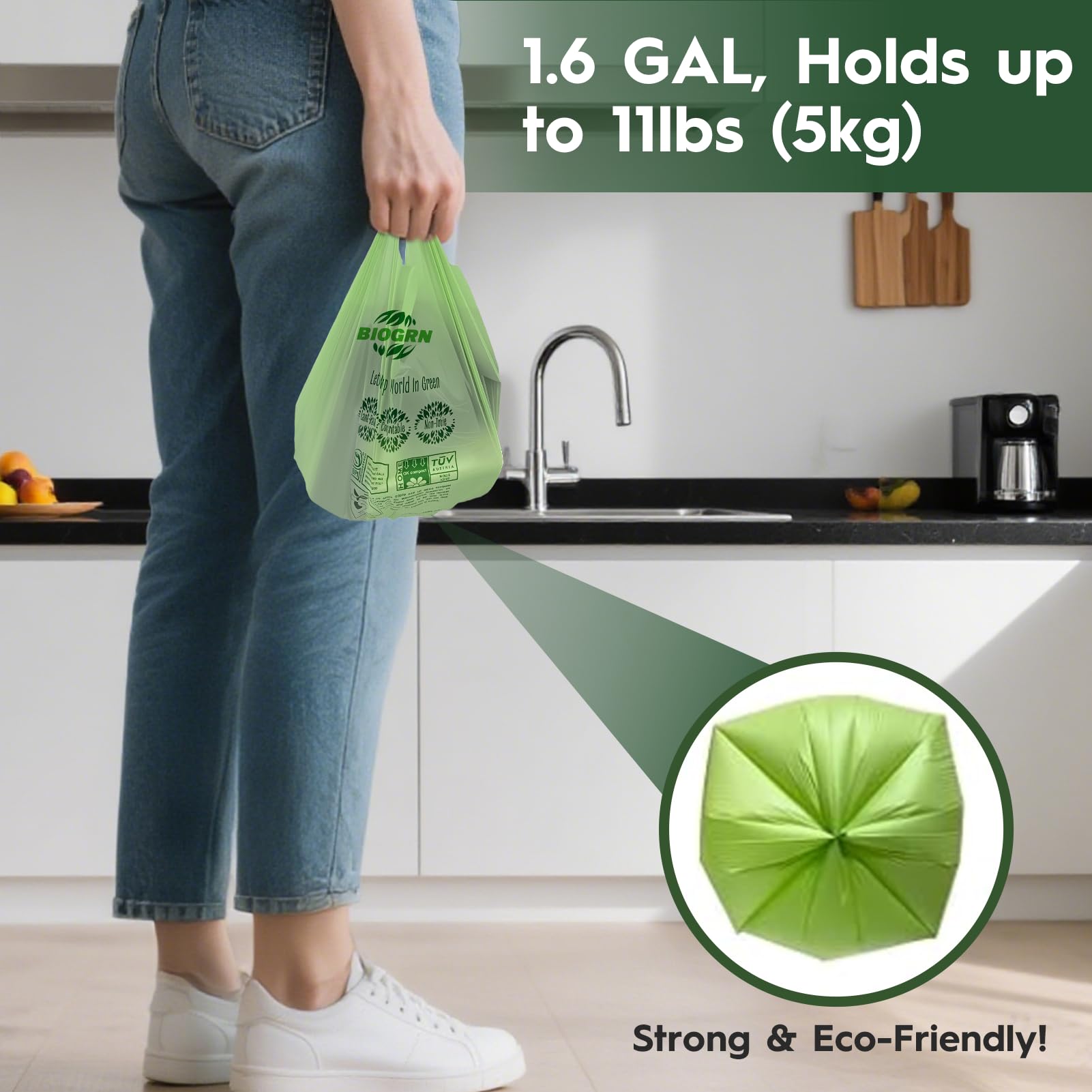Bolsas de basura compostables de 1.6 galones con asas, 0.6 mil, 6.06 litros, 50 unidades, pequeñas bolsas de residuos de alimentos de cocina, ASTM D6400, US BPI y OK Compost Home Certified