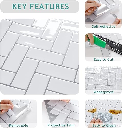 Miniatura 6 de VEELIKE Adhesivos para azulejos de cocina, 6 hojas de azulejos adhesivos de espiga en muro para cocina, azulejos adhesivos extraíbles de 12 x 12