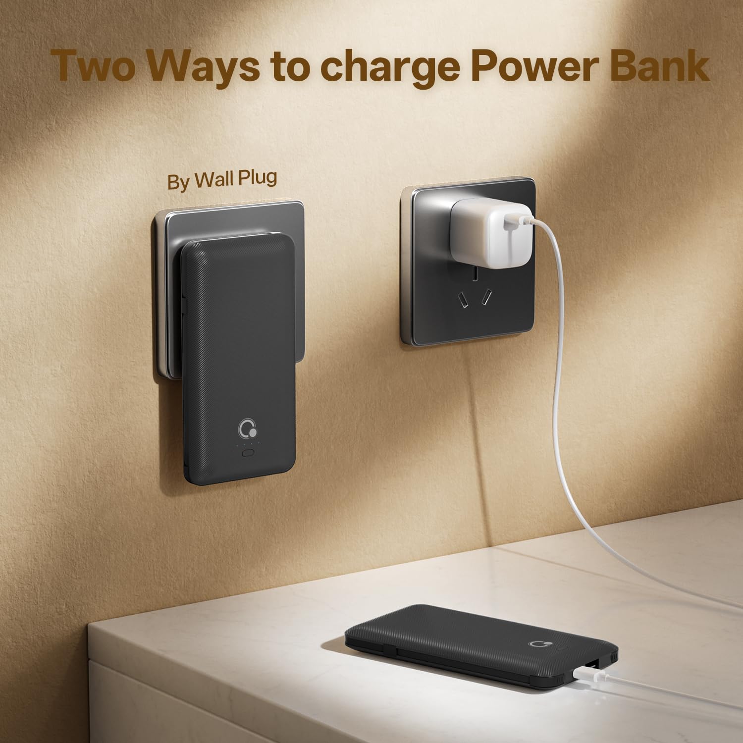 Brand Q Cargador portátil con cables integrados y enchufe de pared de CA, cargador delgado USB C esencial de viaje de 10000 mAh, batería externa compatible con iPhone, Samsung, tablet y todos los