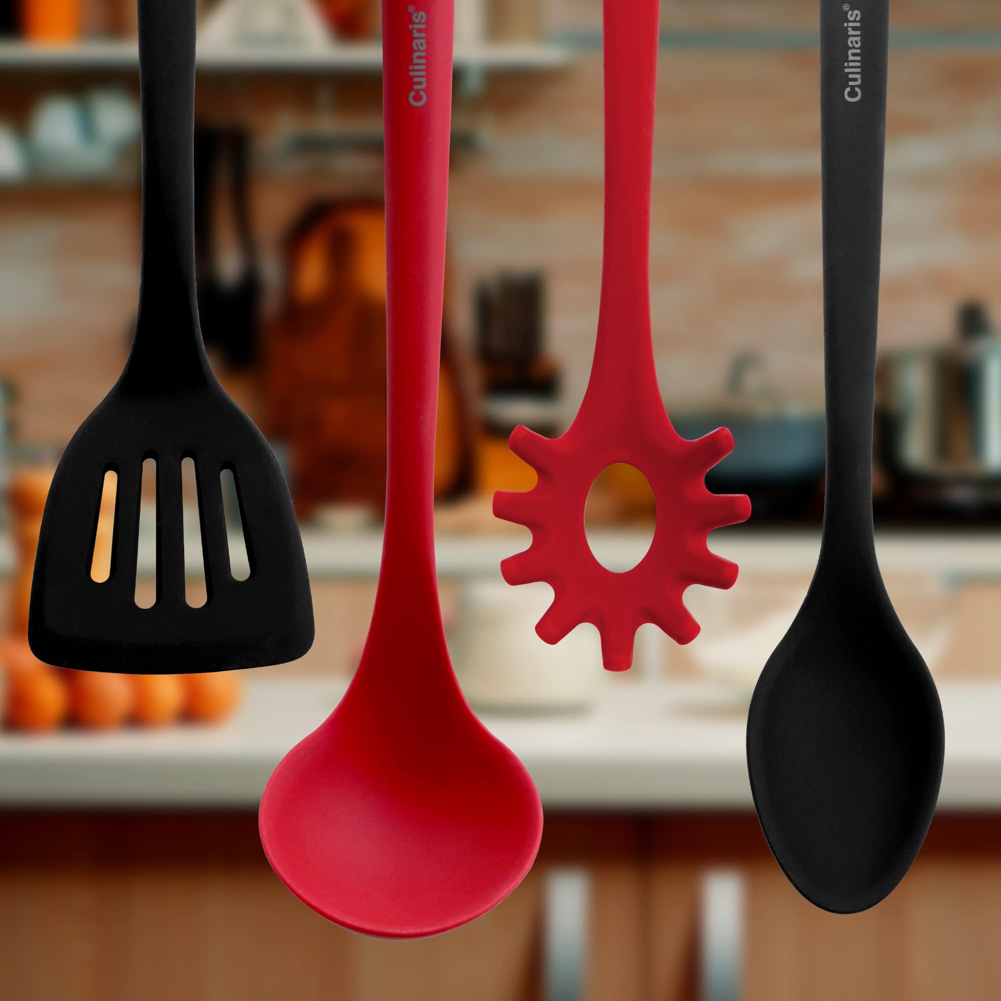 Culinaris Silikon Schaumlöffel • Hitzebeständiger Schaumlöffel zum Backen Kochen BBQ Grillen • BPA frei Lebensmittelqualität • Löffel Spülmaschinengeeignet • Farbe Schwarz (L 34 cm x B 10 cm)