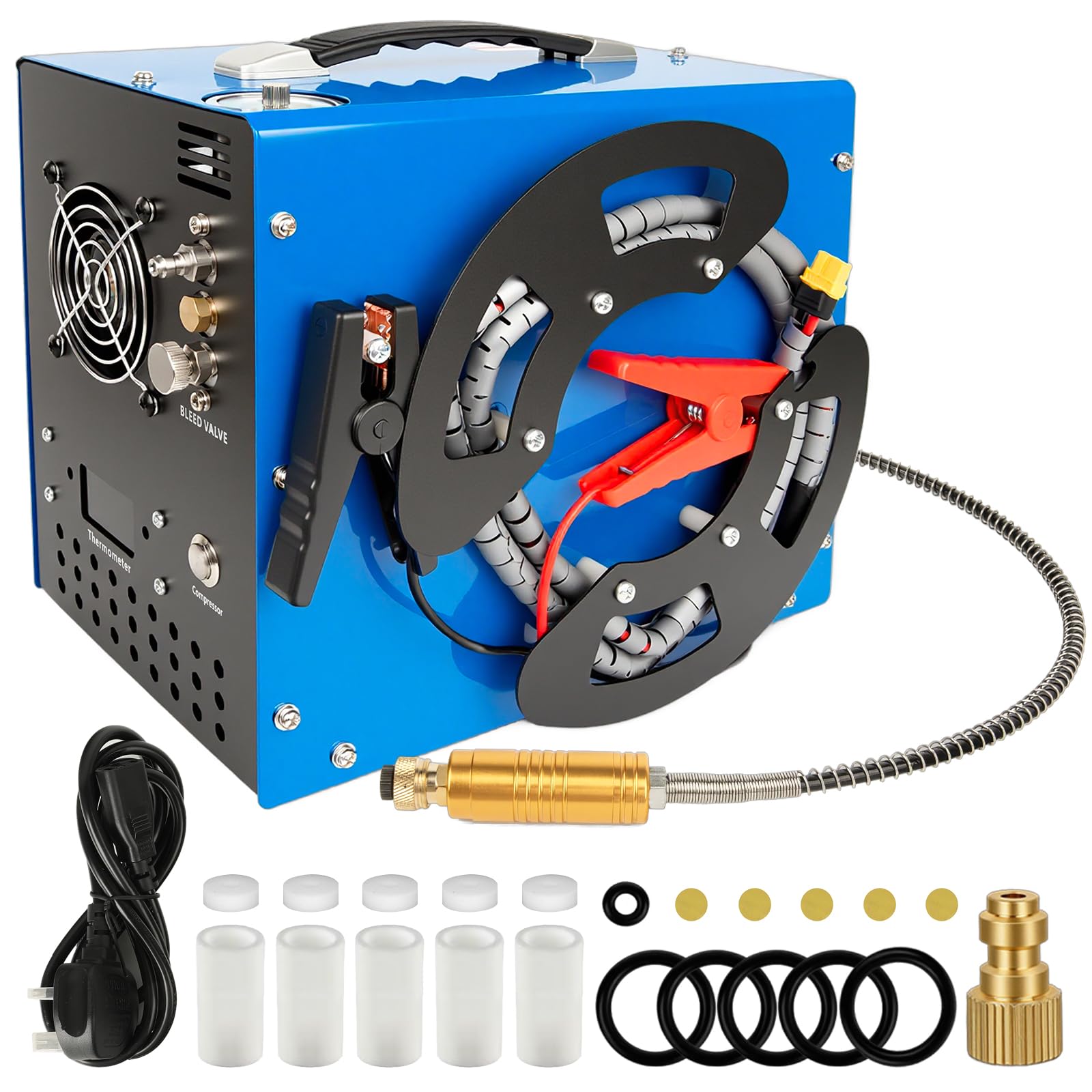 PCP Air Compressor, 4500Psi/30Mpa, 350W Motor, Unique Vertical+Wire Spool Portable Design, Auto-Stop, Oil/Water-Free, 8MM Quick-Connector for Paintball/PCP Air Rifle/Tank, 110V AC or 12V Car Battery