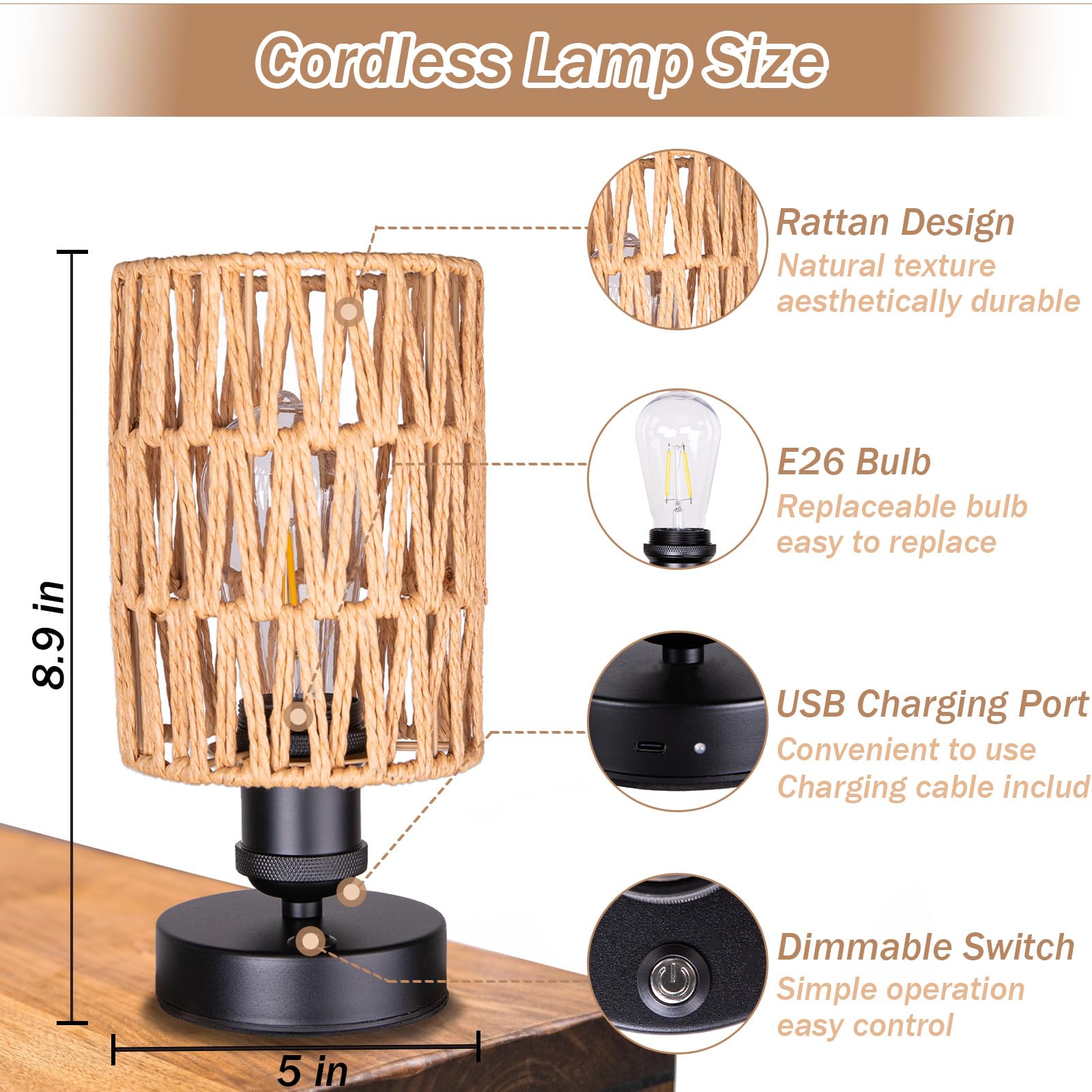 Lampade da tavolo ricaricabili senza fili per esterni, lampada da tavolo a batteria, dimmerabile continuamente per patio, soggiorno e camera da letto (lampadina inclusa) - Set di 2 (beige)