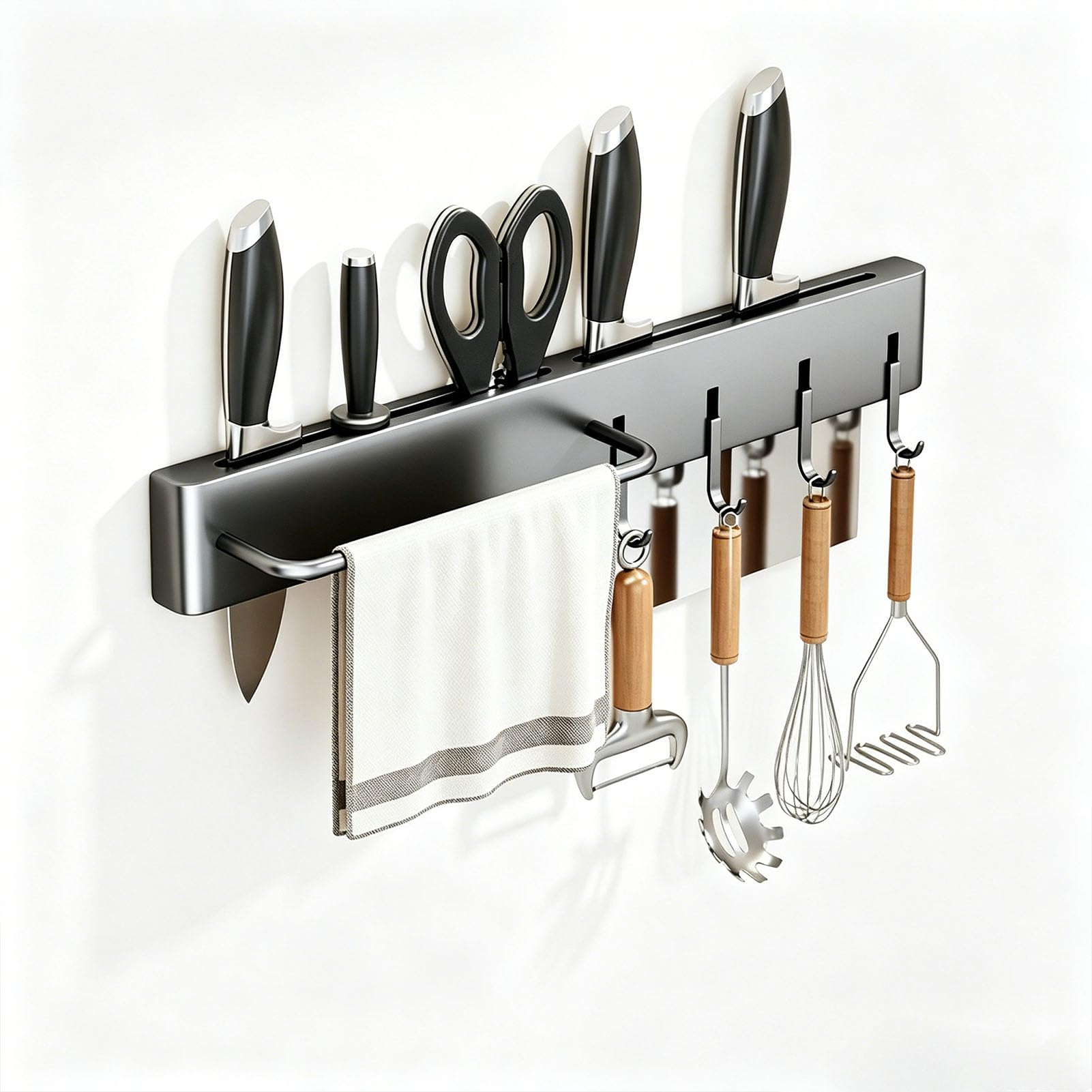 TBATM Multifunctional Wall Mounted Kitchen Knife Holder, Space Saving Storage Rack with Hooks and Compartments for Knives, Utensils, Cutlery, Kitchen Gadgets and Accessories,30cm