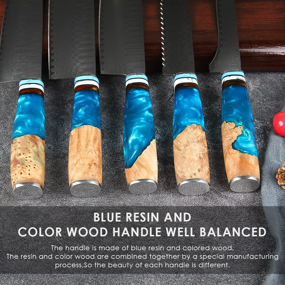 Set Couteau Cuisine, 3 Pièces Couteaux de Cuisine Professionnelle - Couteaux de Chef 20CM, Couteau Santoku 17,5CM, Couteau à Désosser 15CM - Résine Bleue Handle avec Boîte Cadeau