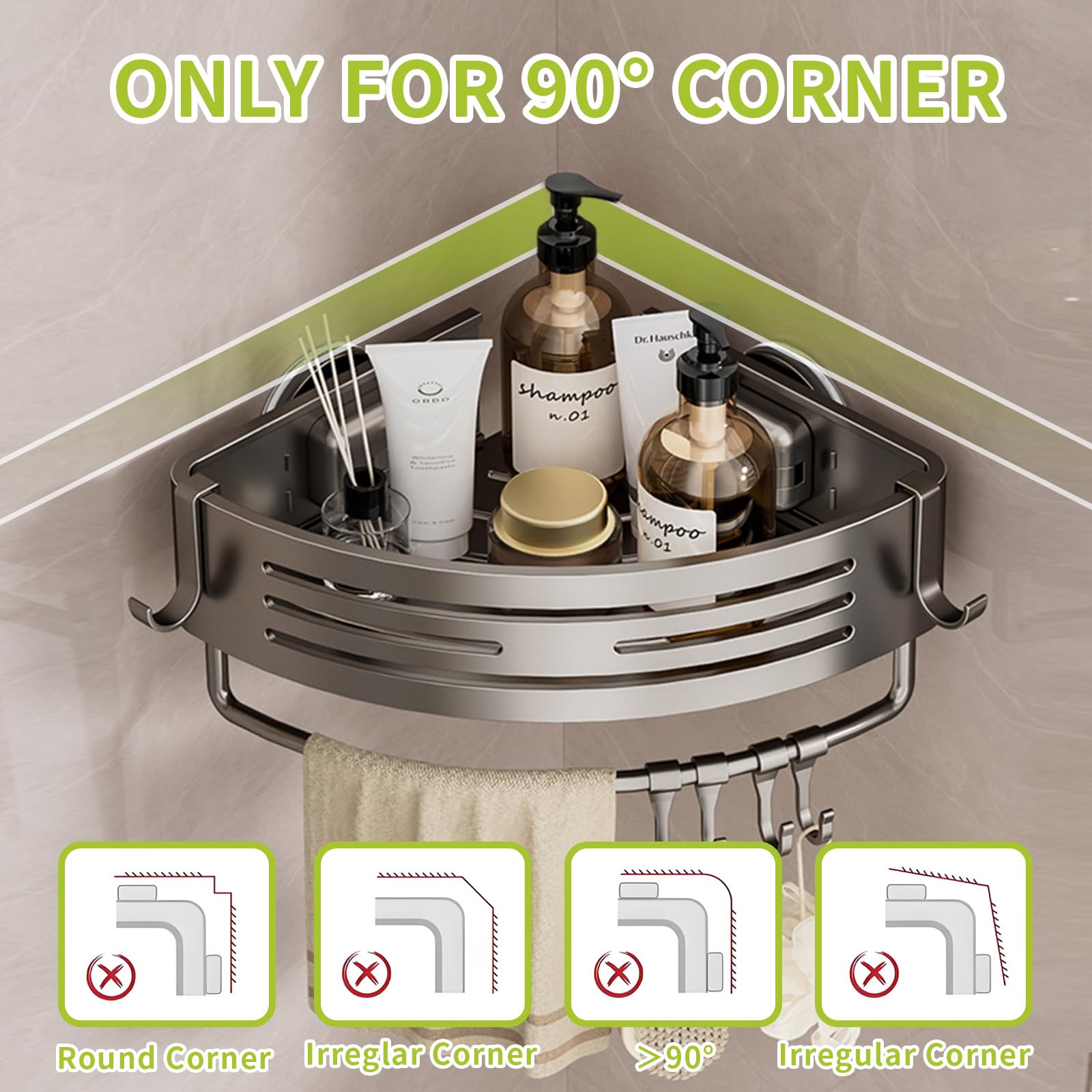 Organizador de ducha con ventosa, organizador de ducha, estante de baño extraíble, succión de almacenamiento, potente capacidad máxima de 22 libras, soporte impermeable, metal gris (estante de