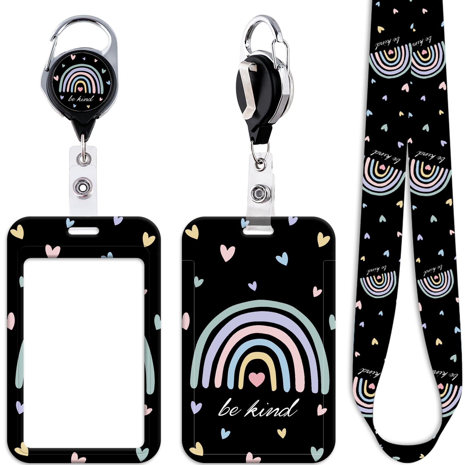 Cute Rainbow Card Holder Lanyard for ID Badge Keys Be Kind Retractable Badge Reel Clip for Work & School Love Heart Black Keychain Lanyard ID Holder for Women Girls Kids Nurses Teachers
