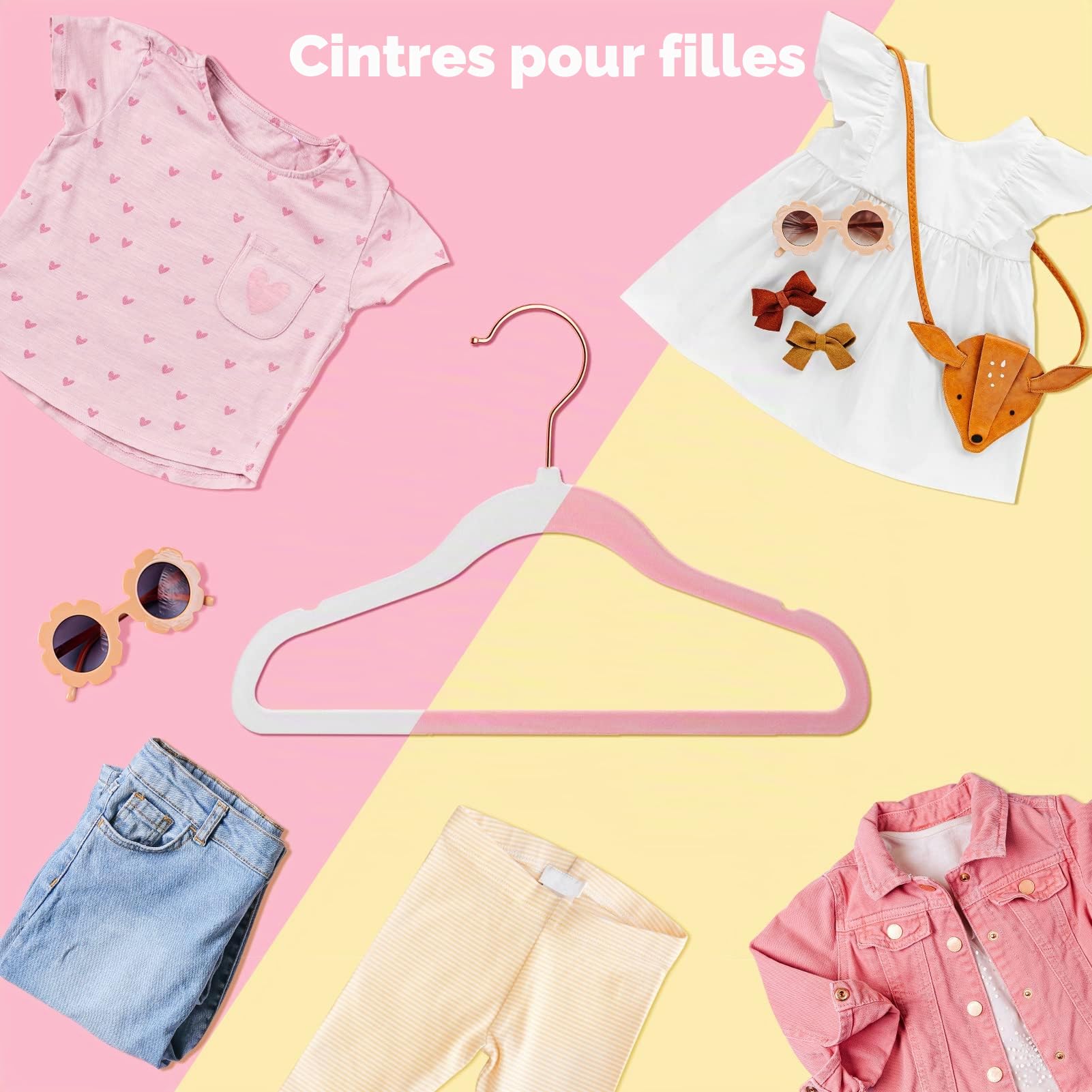 HOUSEDAY Cintre en Velours pour Enfant lot 60, Ceintre Enfant antidérapants avec Crochets en Rose Or pour Jupe Chemise Pantalon Robe vêtements, 35cm, Rose Clair
