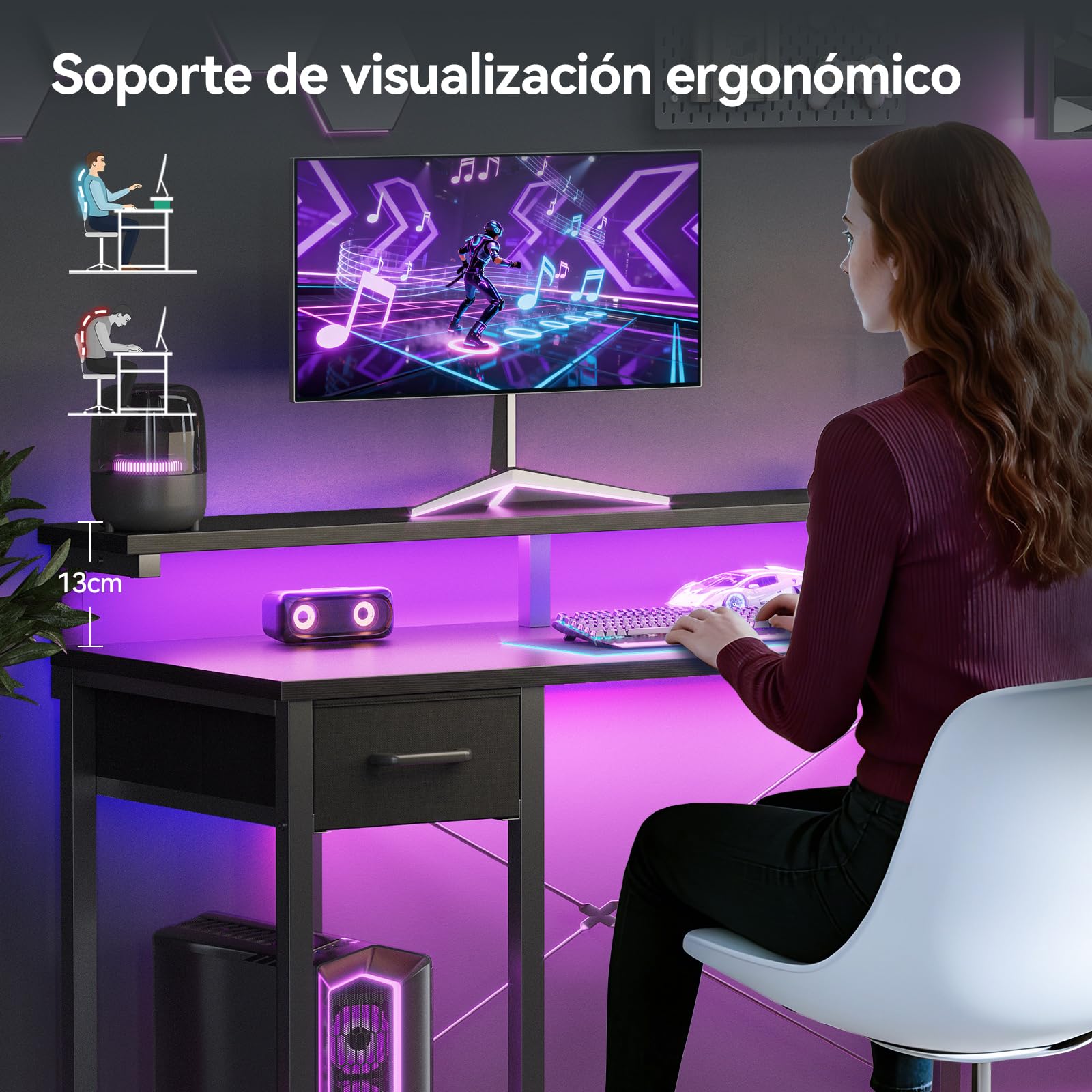 Coleshome Escritorio con Cajones de Tela, 100x45cm Mesa Gaming con Luces LED, Escritorio Gaming Reversible con Estanteria y Gancho para Auriculares para en Casa y Dormitorio, Negro