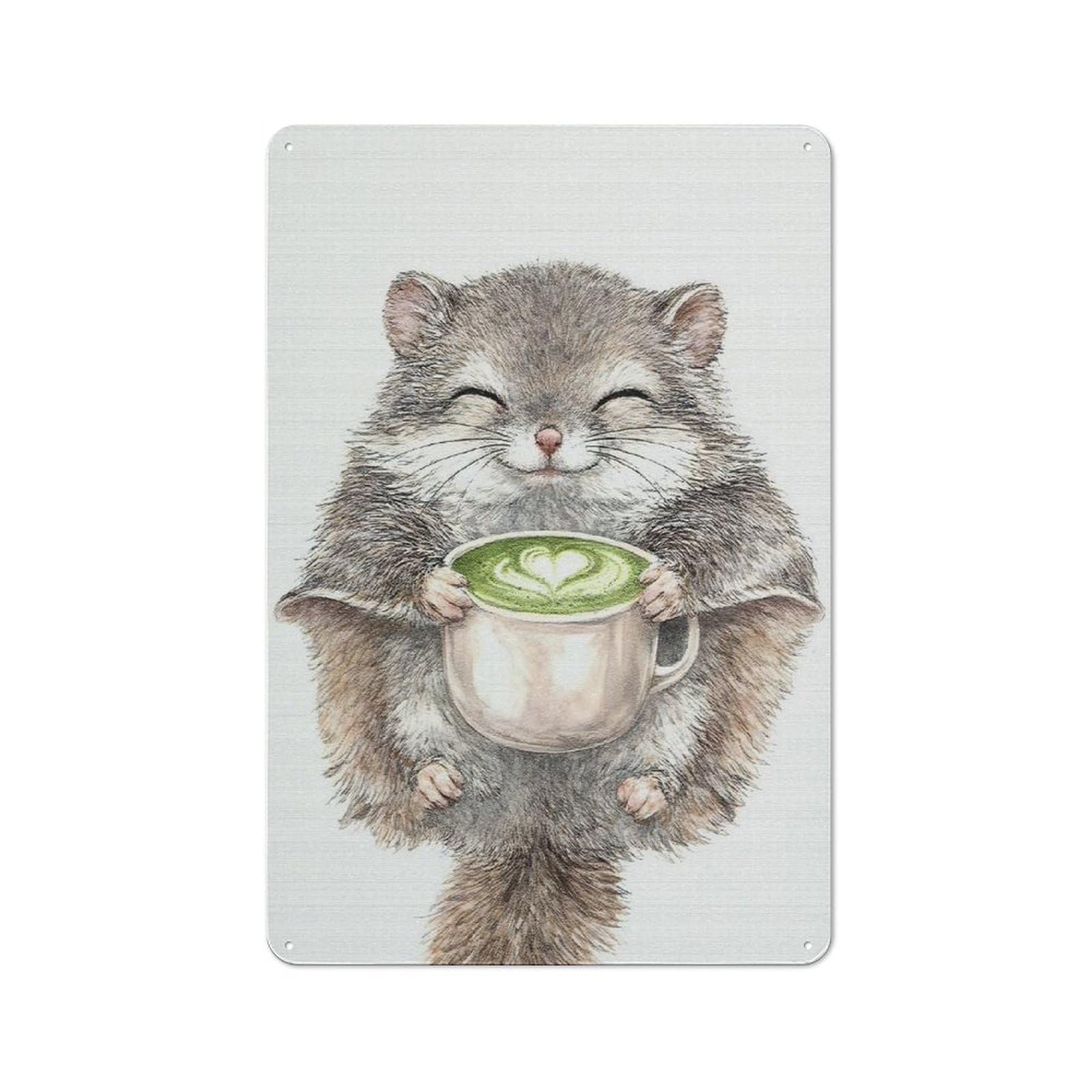 Junmoney Style-4 Retro Metal Wall Sign 30X20cm With Cute Squirrel Holding Matcha Latte For Home Bar Wall, A Decorative Gift For A Newly Furnished Home Bar